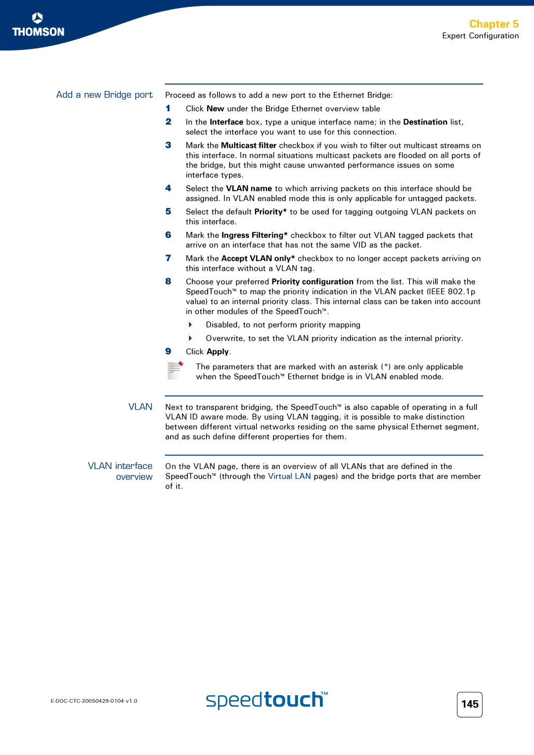 Technicolor - Thomson 620, 605, 608 WL manual 145, Add a new Bridge port, Vlan interface overview 