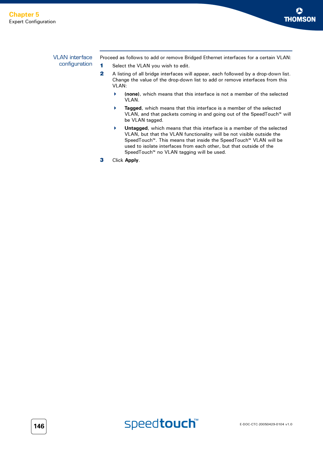 Technicolor - Thomson 620, 605, 608 WL manual 146, Vlan interface configuration 