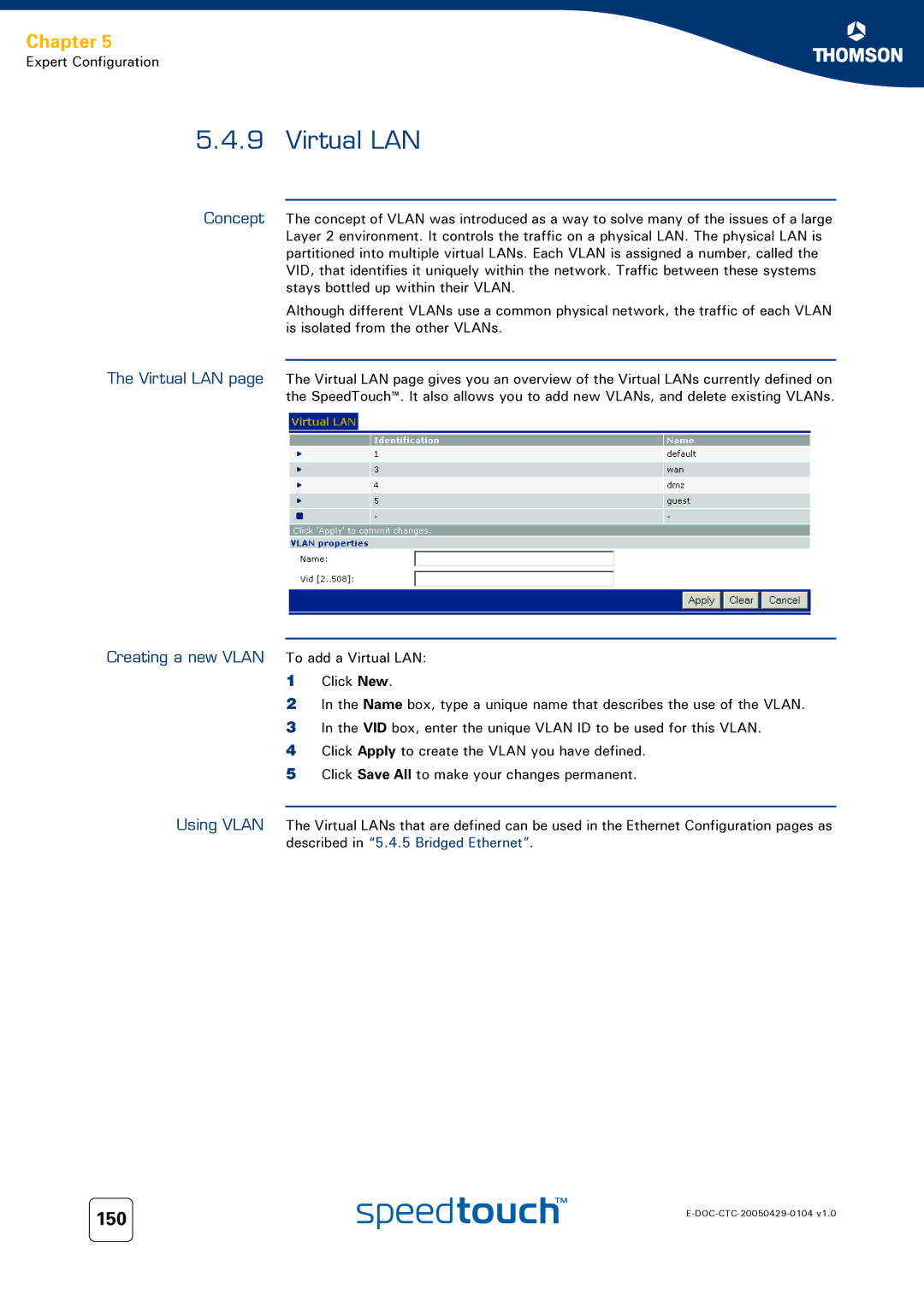 Technicolor - Thomson 620, 605, 608 WL manual Virtual LAN, 150 