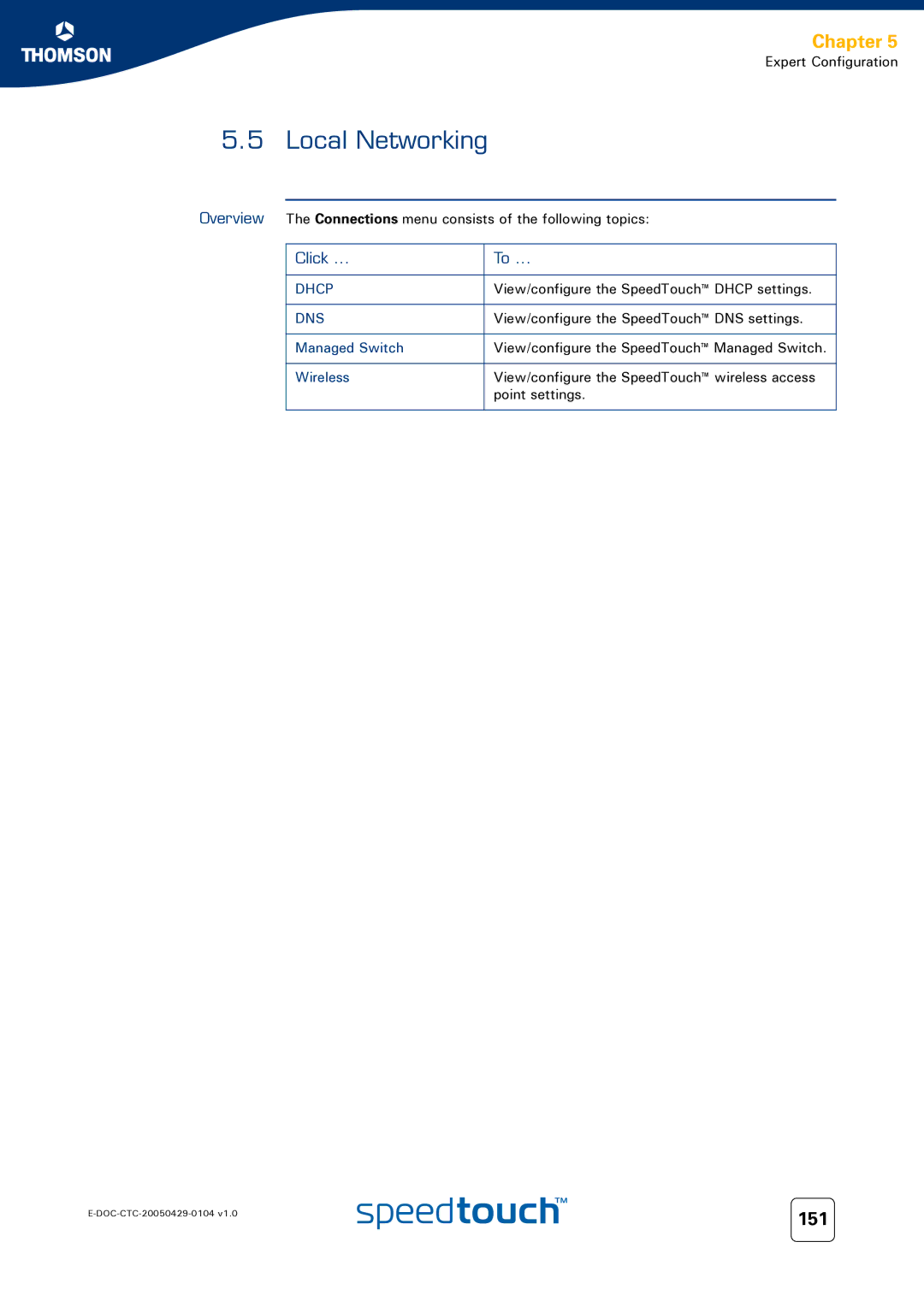 Technicolor - Thomson 605, 620, 608 WL manual Local Networking, 151, Managed Switch, Wireless 