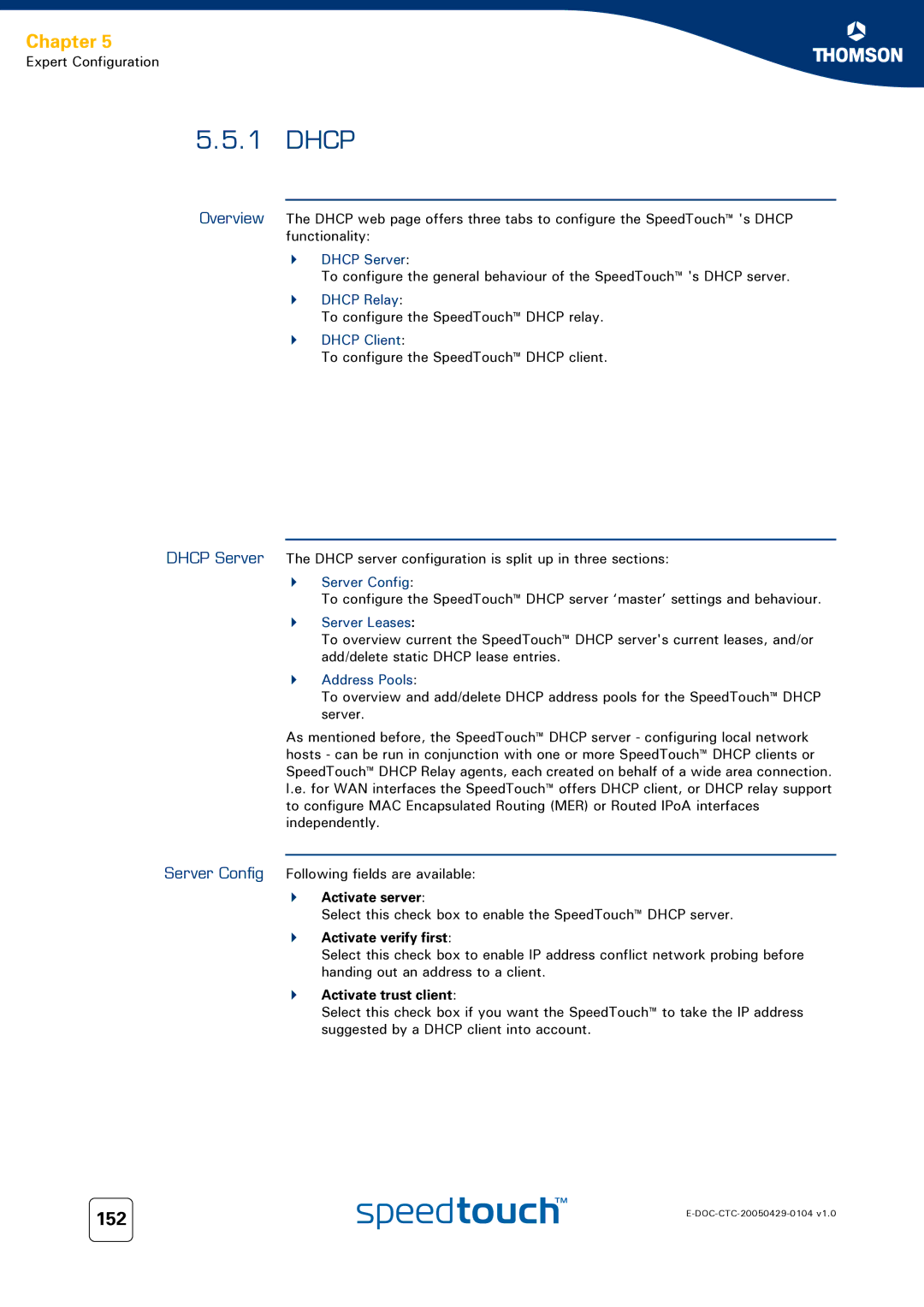 Technicolor - Thomson 608 WL, 620, 605 manual Dhcp, 152, Activate server, Activate verify first, Activate trust client 