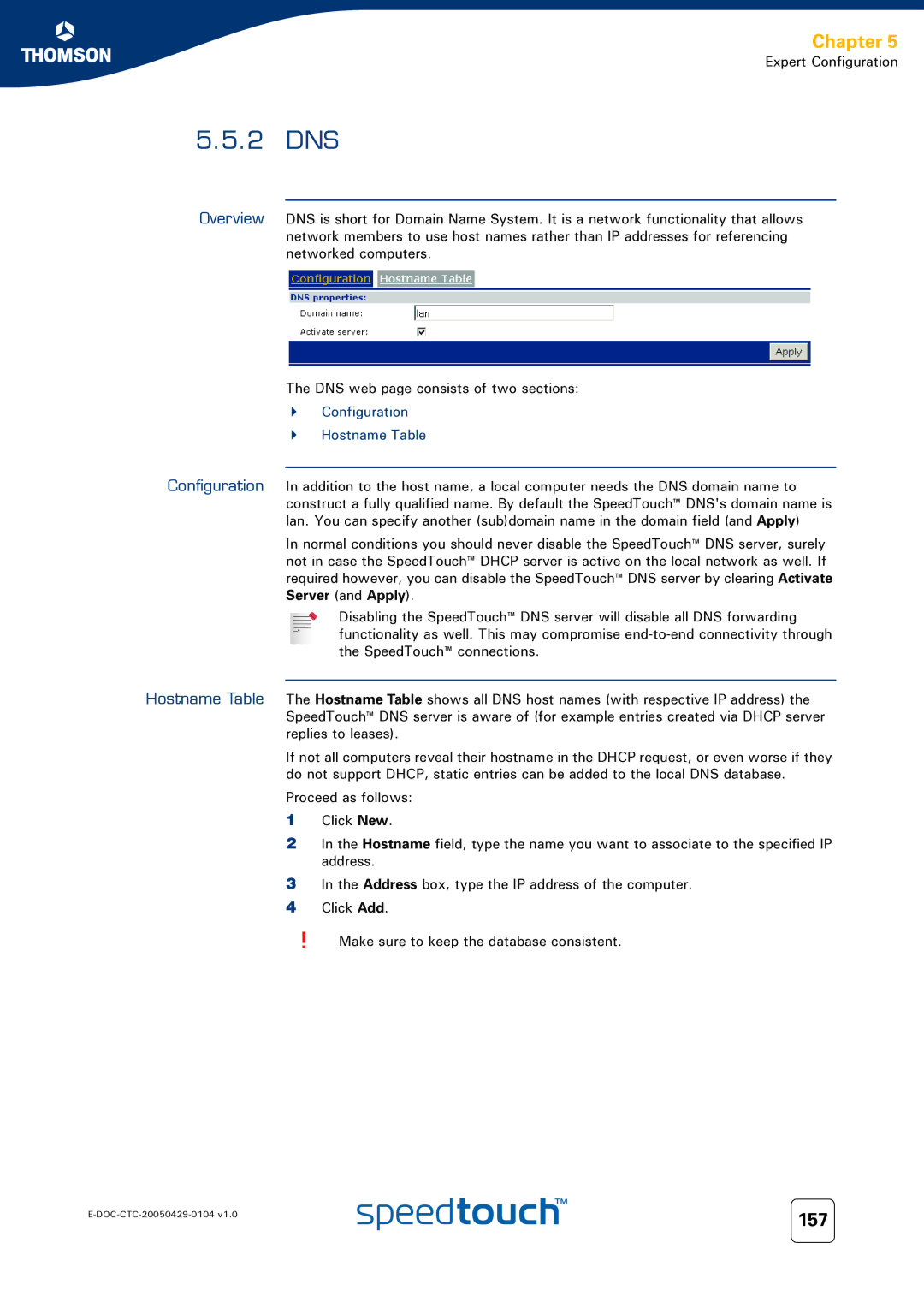 Technicolor - Thomson 620, 605, 608 WL manual 2 DNS, 157, Configuration Hostname Table, Server and Apply 