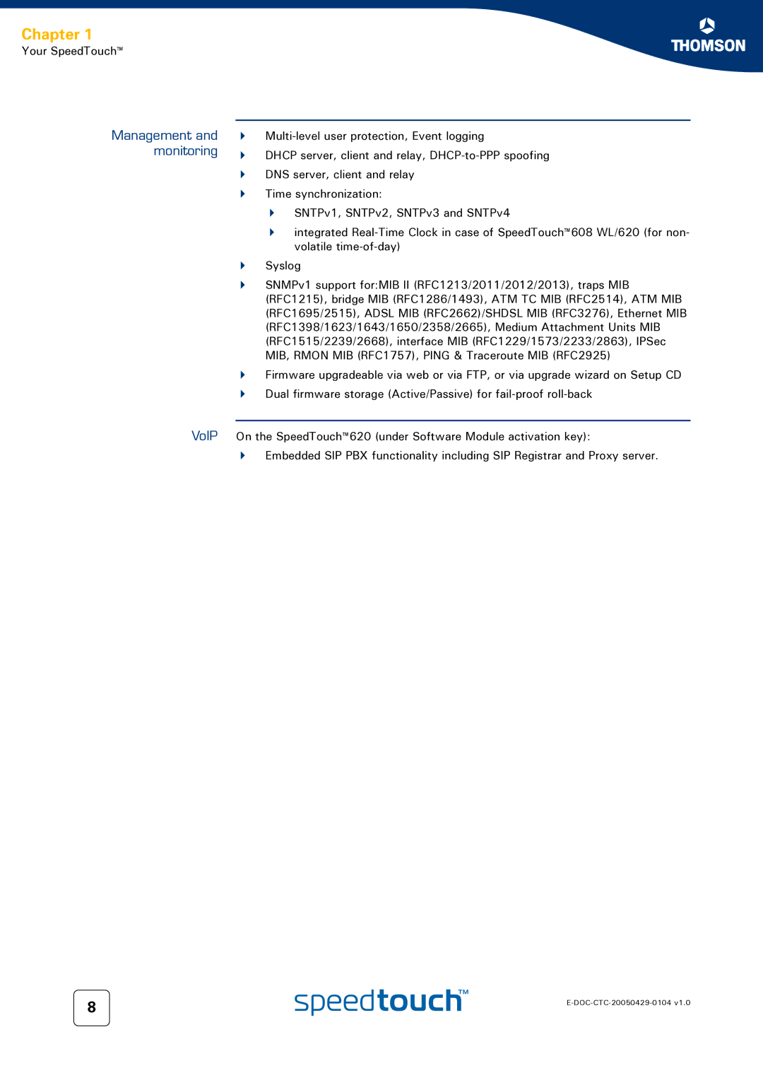 Technicolor - Thomson 608 WL, 620, 605 manual Management and monitoring VoIP 