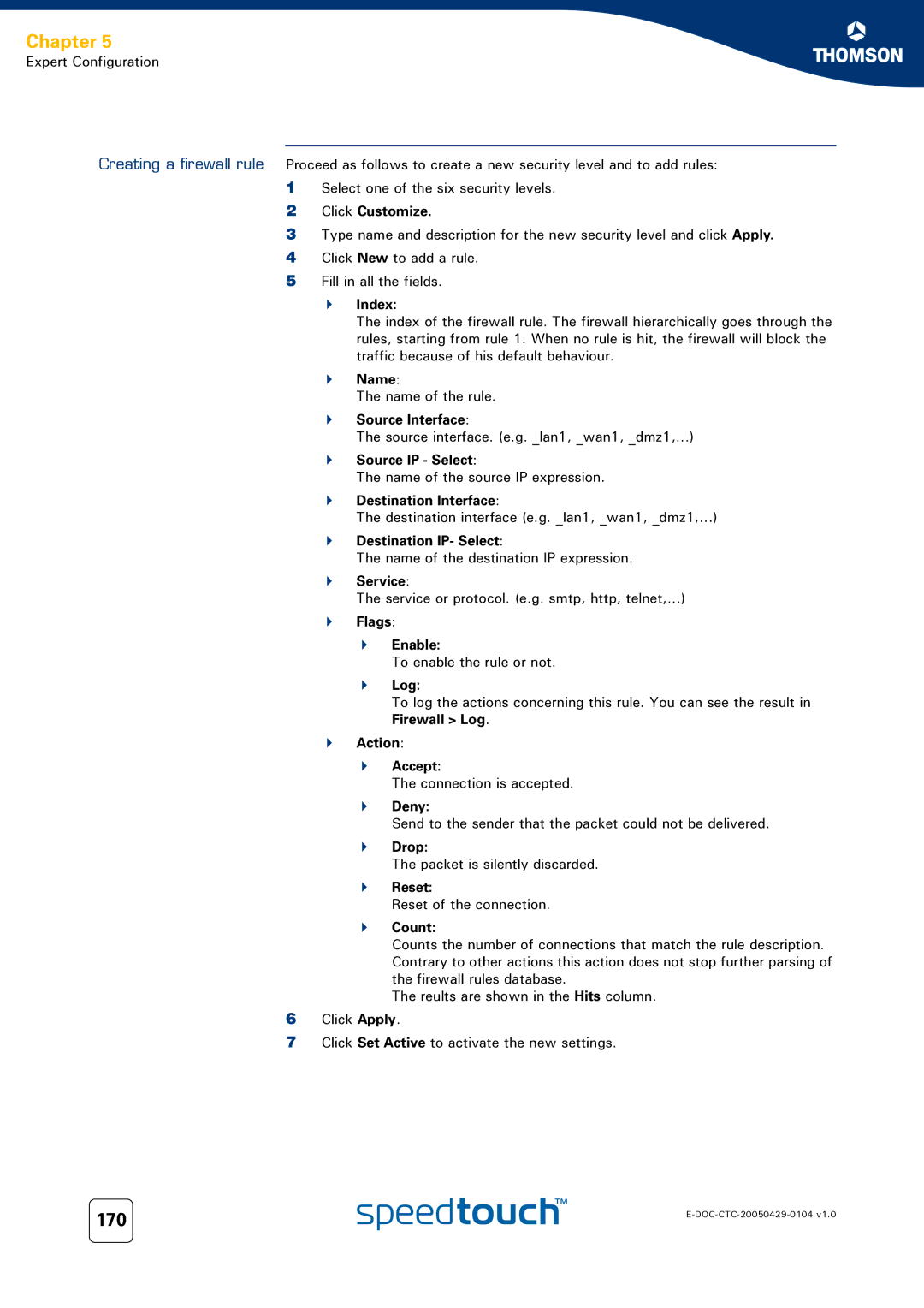 Technicolor - Thomson 620, 605, 608 WL manual 170, Creating a firewall rule 