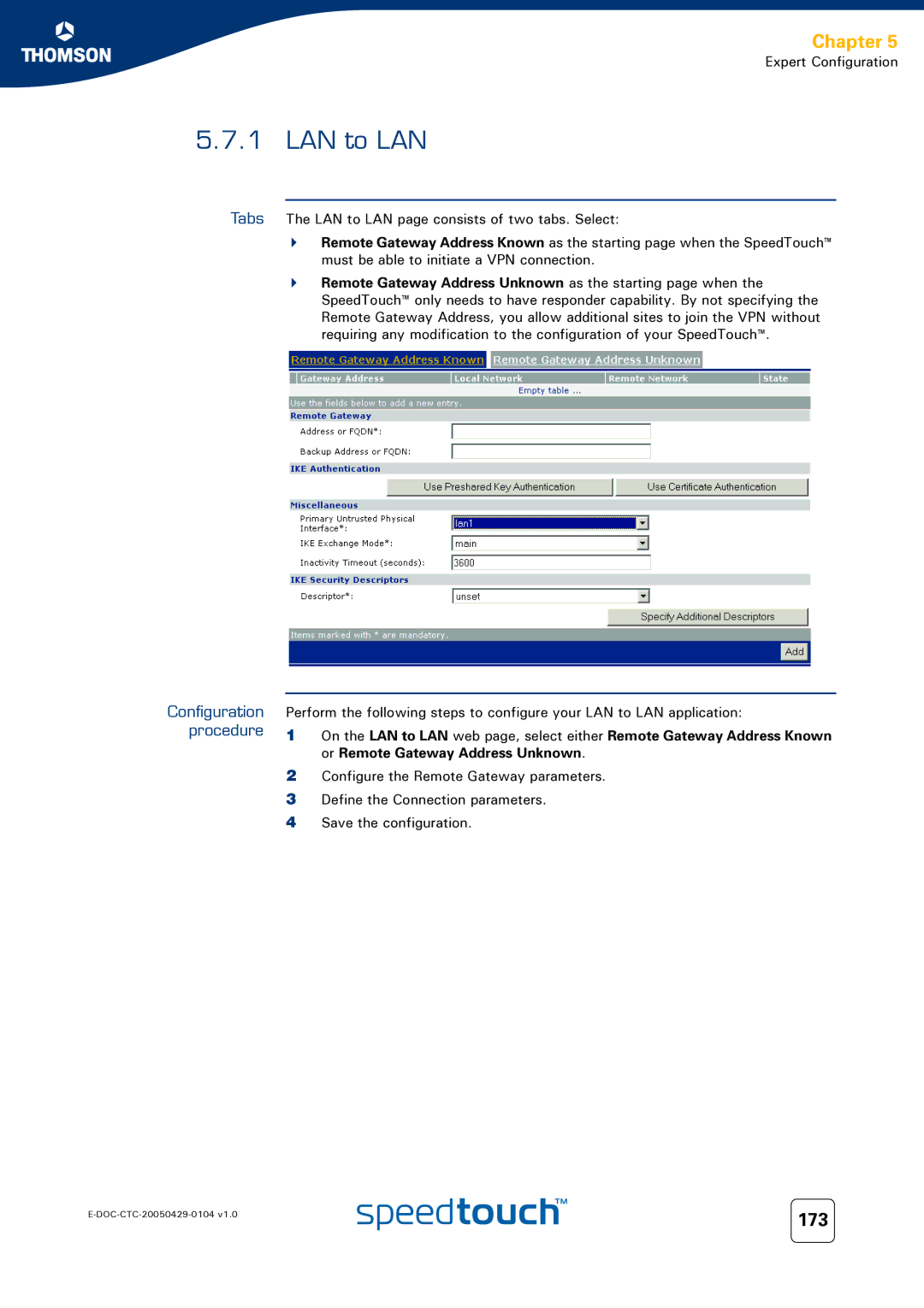 Technicolor - Thomson 620, 605, 608 WL manual LAN to LAN, 173, Configuration procedure 