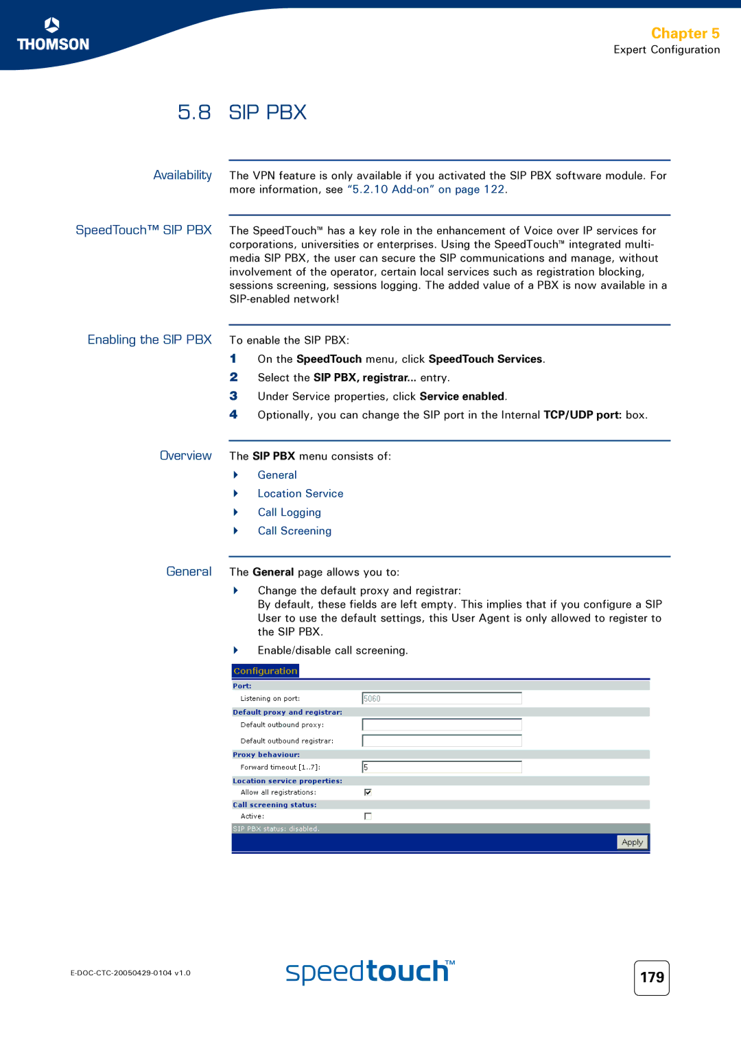 Technicolor - Thomson 605, 620, 608 WL manual 179, General Location Service Call Logging Call Screening 