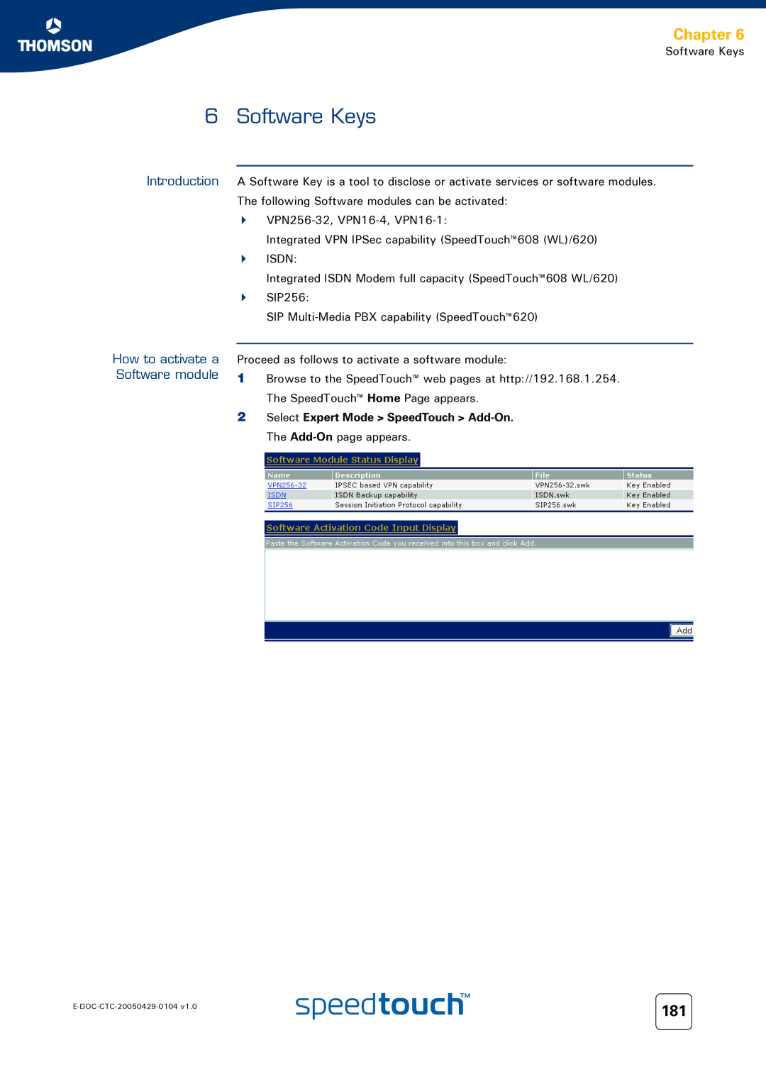 Technicolor - Thomson 608, 620 Software Keys, 181, How to activate a Software module, Select Expert Mode SpeedTouch Add-On 