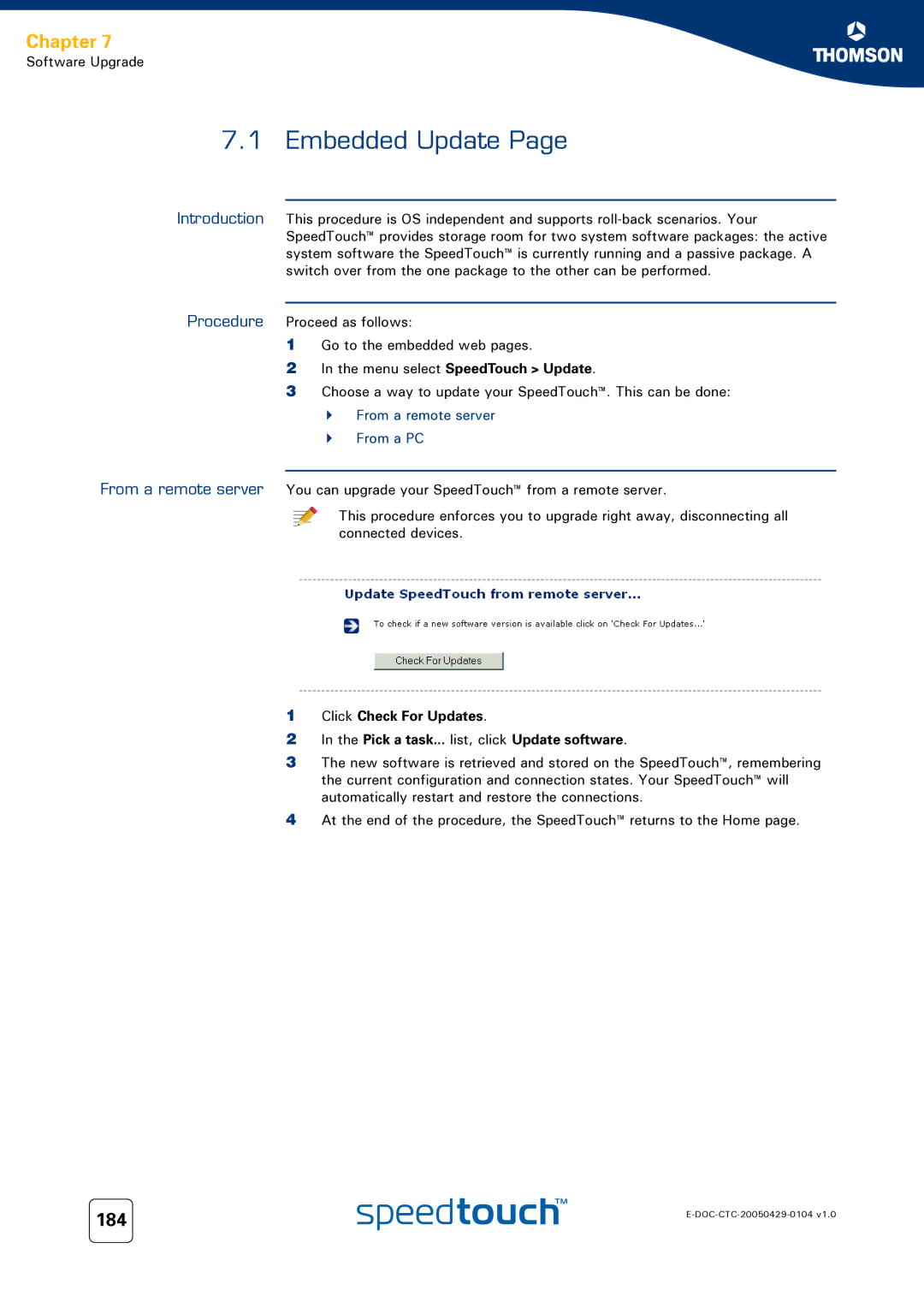 Technicolor - Thomson 608 WL, 620, 605 manual Embedded Update, 184, From a PC 