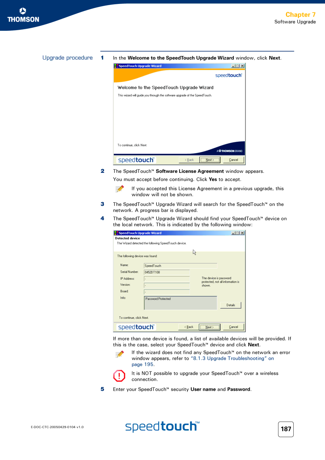 Technicolor - Thomson 605, 620, 608 WL 187, Upgrade procedure, Window appears, refer to 8.1.3 Upgrade Troubleshooting on 