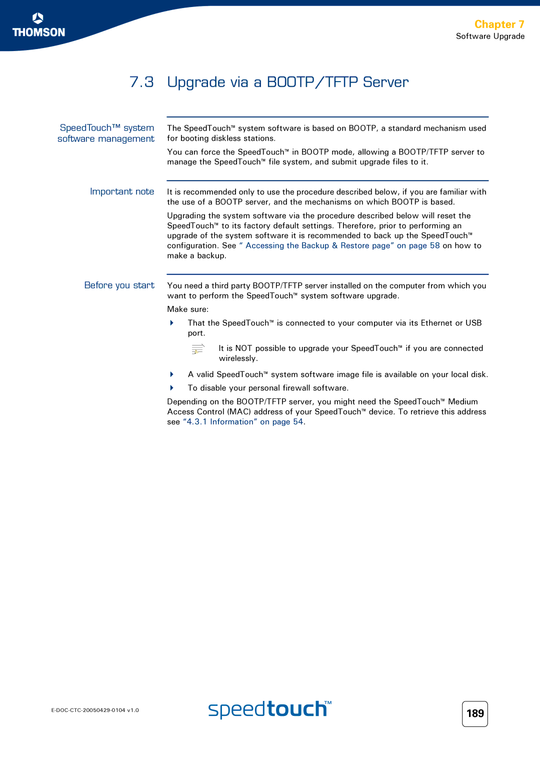 Technicolor - Thomson 620, 605, 608 WL manual Upgrade via a BOOTP/TFTP Server, 189, SpeedTouch system software management 