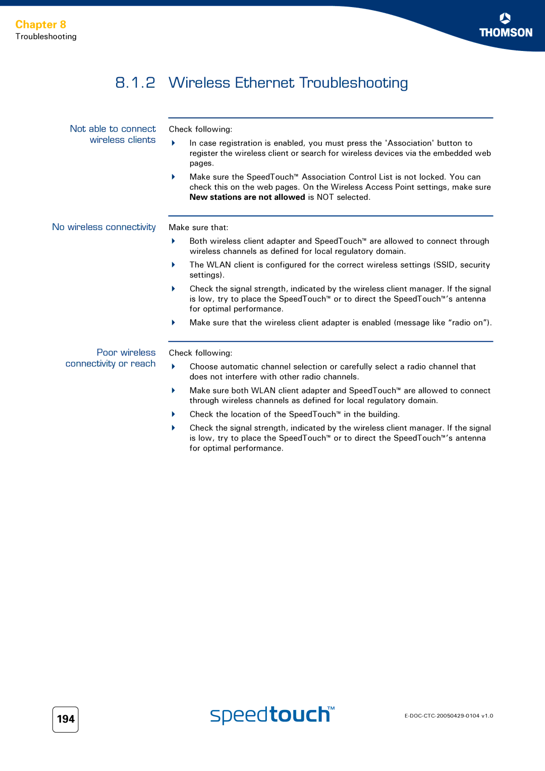 Technicolor - Thomson 620, 605, 608 WL manual Wireless Ethernet Troubleshooting, 194, Not able to connect wireless clients 