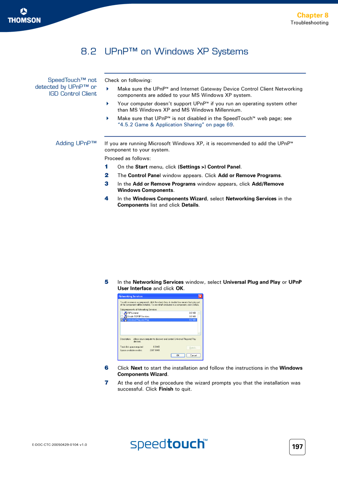 Technicolor - Thomson 620, 605, 608 WL manual UPnP on Windows XP Systems, 197 