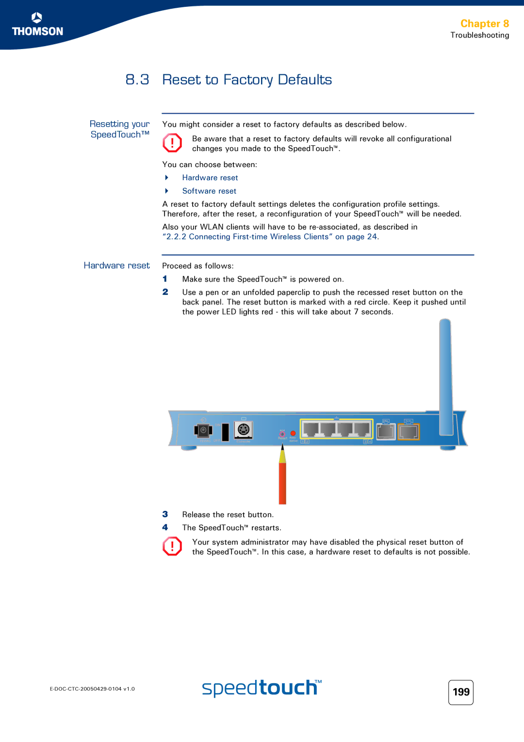 Technicolor - Thomson 605, 620, 608 WL manual 199, Resetting your SpeedTouch, Hardware reset Software reset 