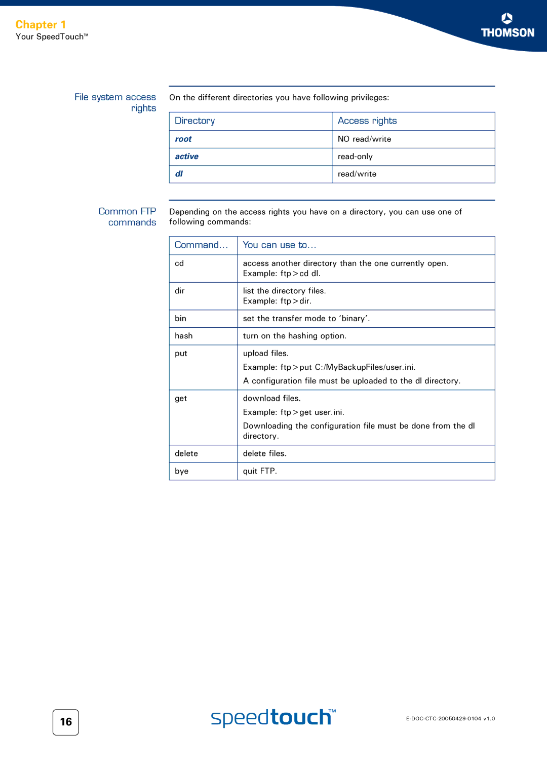 Technicolor - Thomson 608 WL, 620, 605 manual Common FTP commands, Command You can use to 