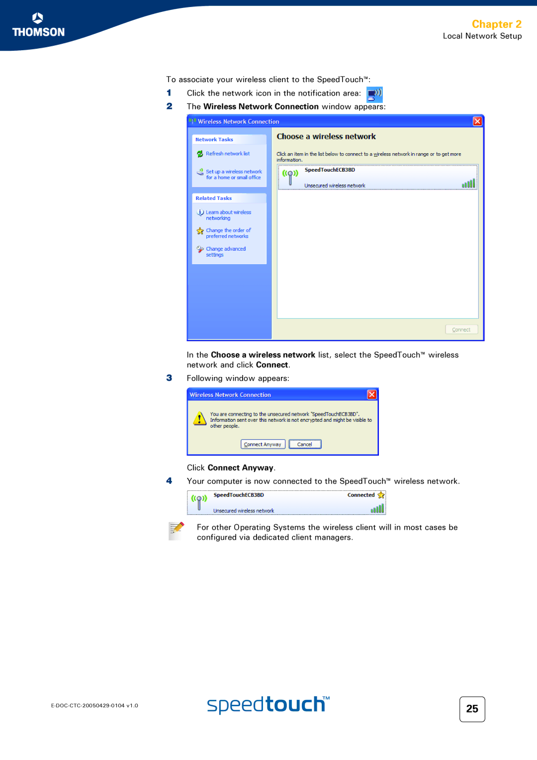 Technicolor - Thomson 620, 605, 608 WL manual Wireless Network Connection window appears, Click Connect Anyway 