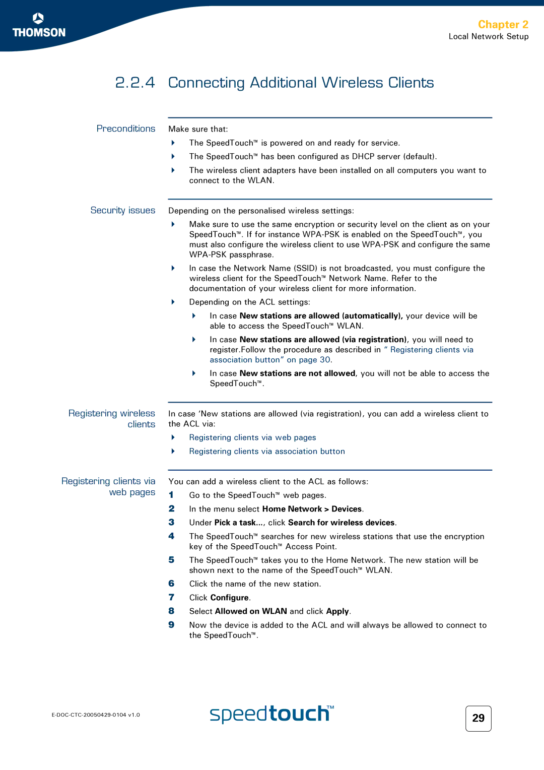 Technicolor - Thomson 620, 605, 608 WL manual Connecting Additional Wireless Clients, Registering clients via web pages 