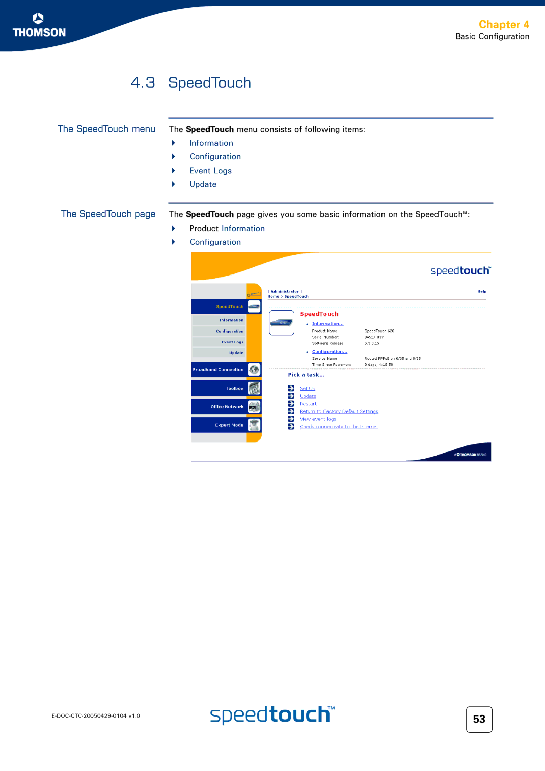 Technicolor - Thomson 620, 605, 608 WL manual SpeedTouch, Information Configuration Event Logs Update 