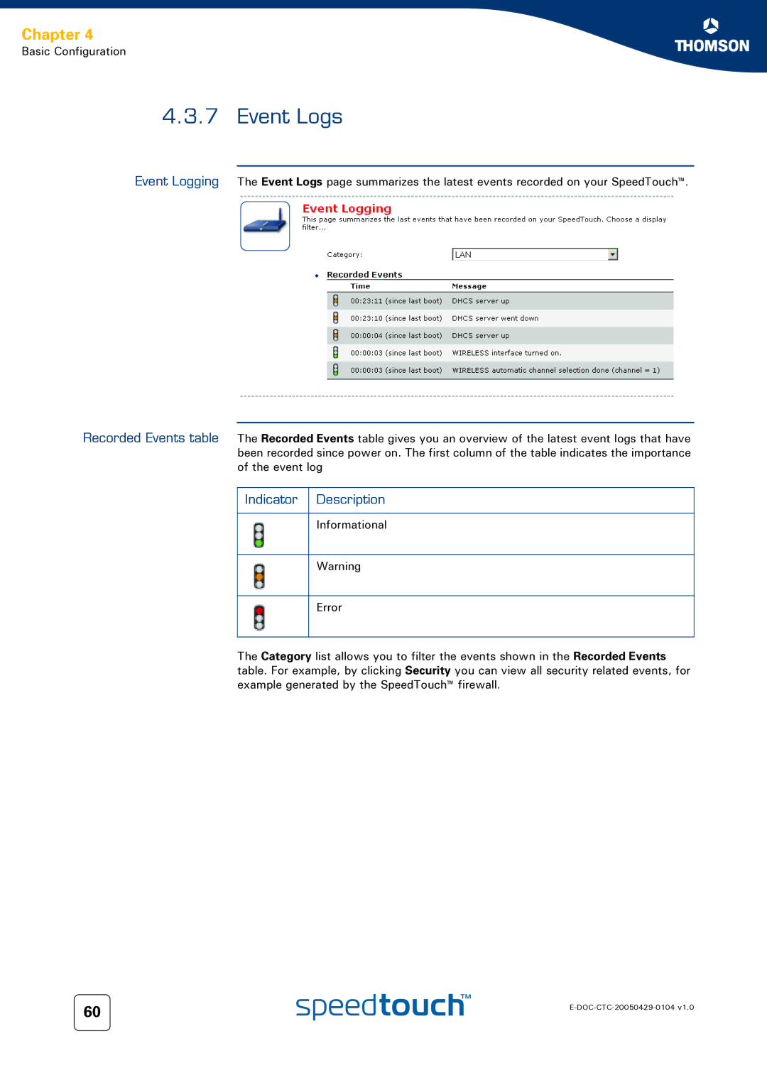 Technicolor - Thomson 608 WL, 620, 605 manual Event Logs, Indicator Description 