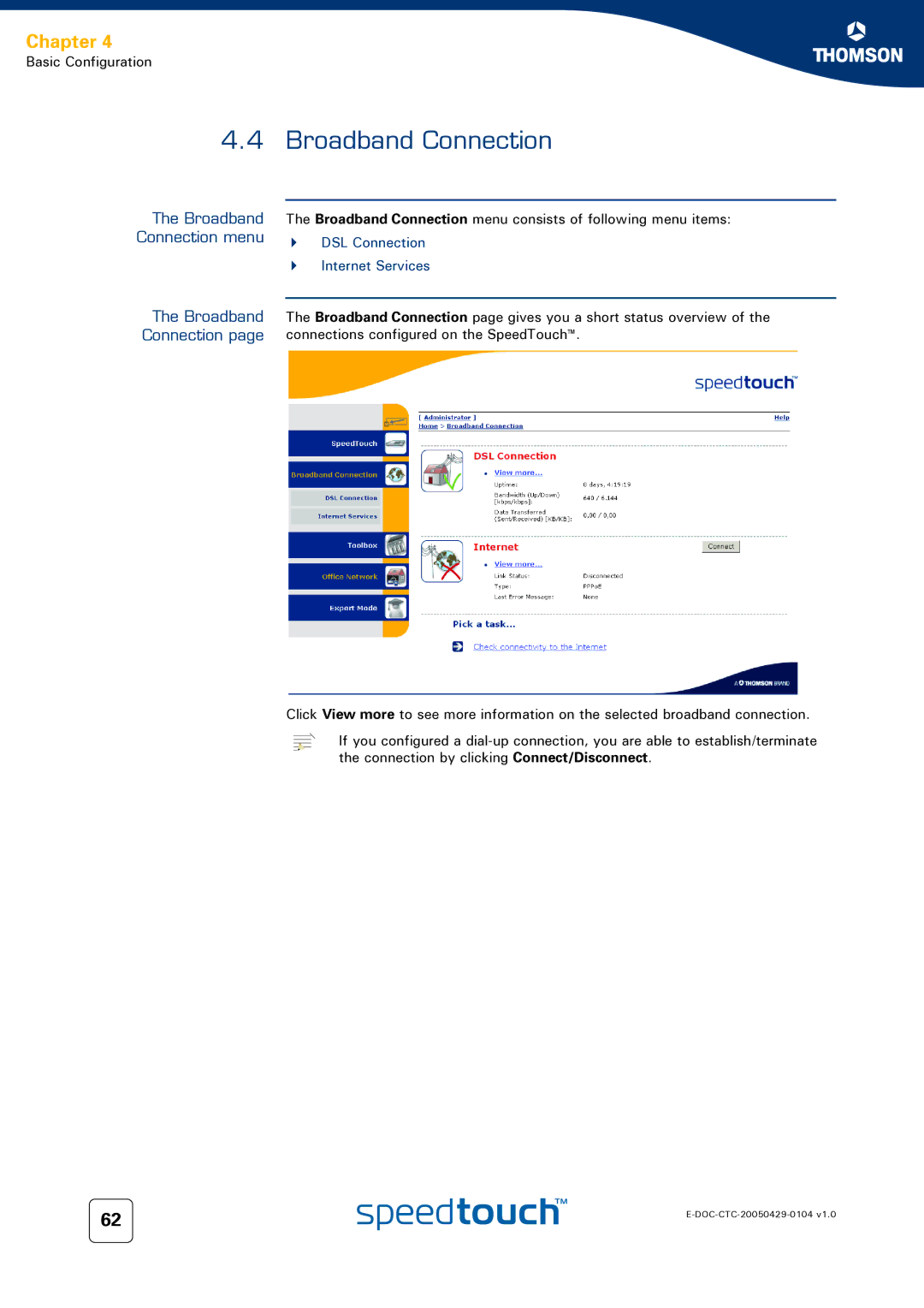 Technicolor - Thomson 620, 605, 608 WL manual Broadband Connection menu, Internet Services 