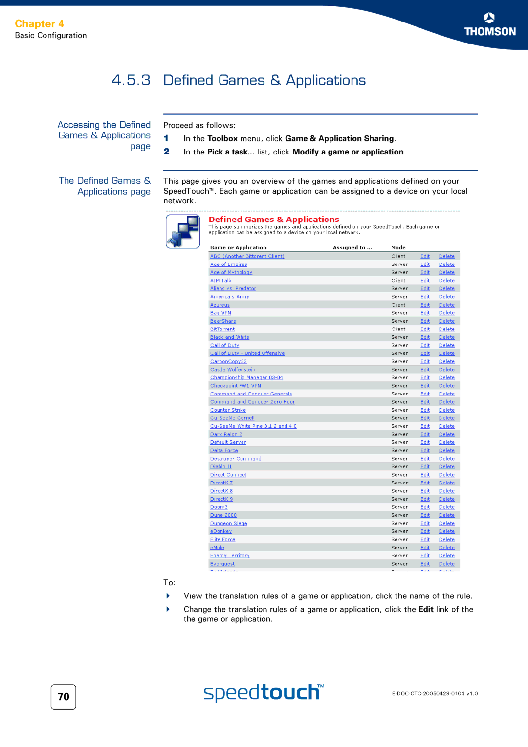 Technicolor - Thomson 620, 605, 608 WL manual Accessing the Defined Games & Applications 