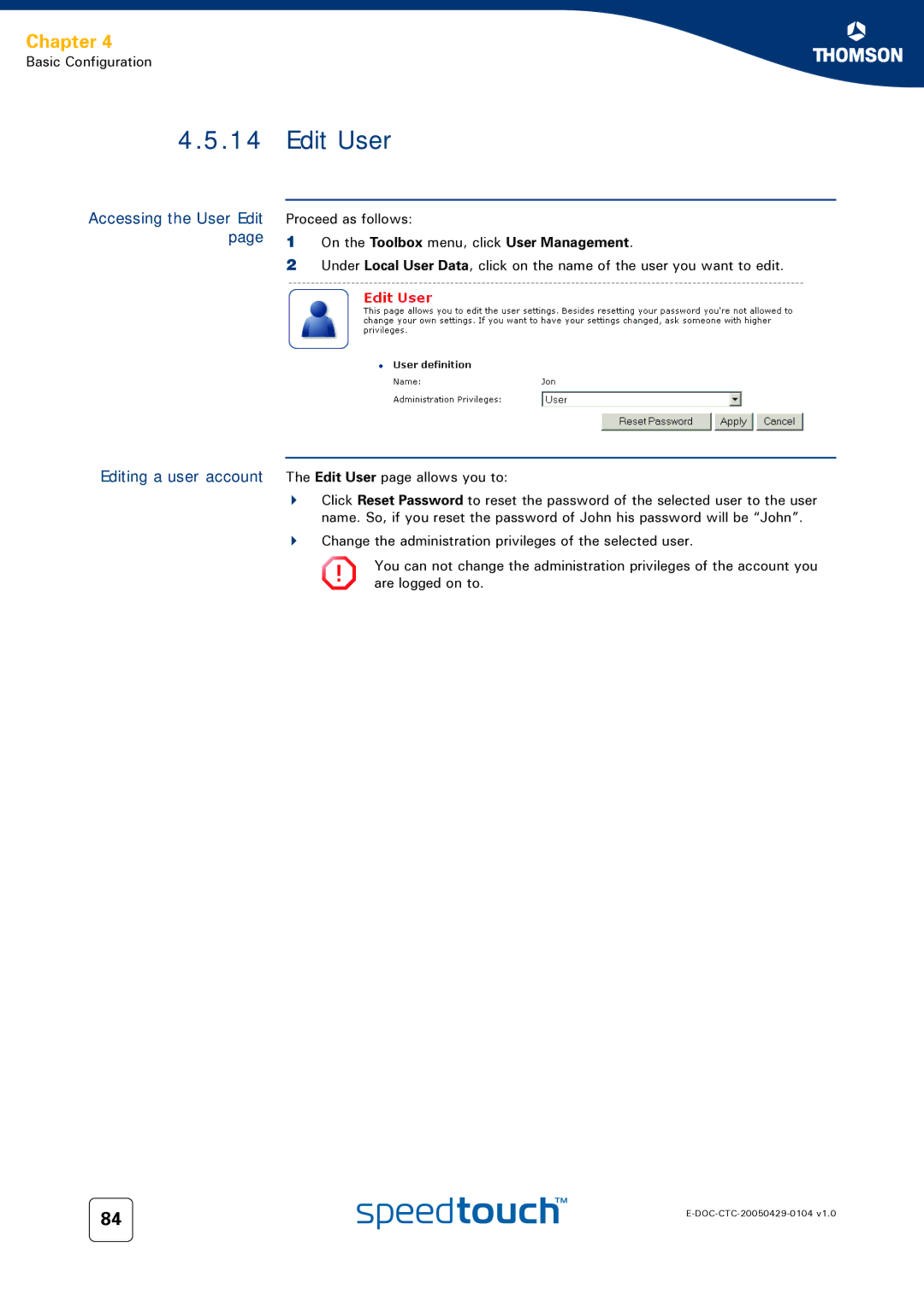 Technicolor - Thomson 608 WL, 620, 605 manual Edit User, Accessing the User Edit Editing a user account 