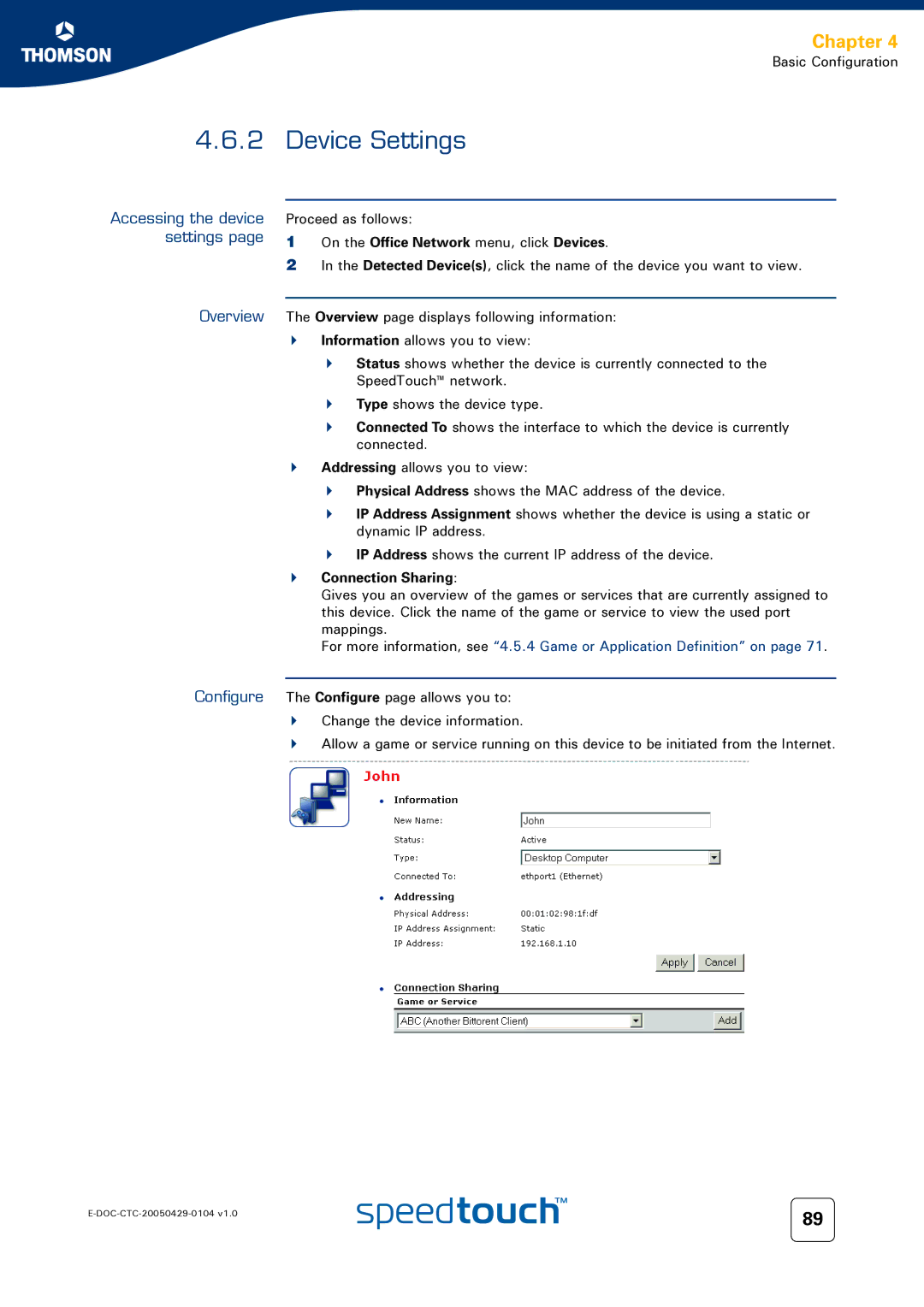 Technicolor - Thomson 620, 605, 608 WL manual Device Settings, Accessing the device settings Overview, Connection Sharing 