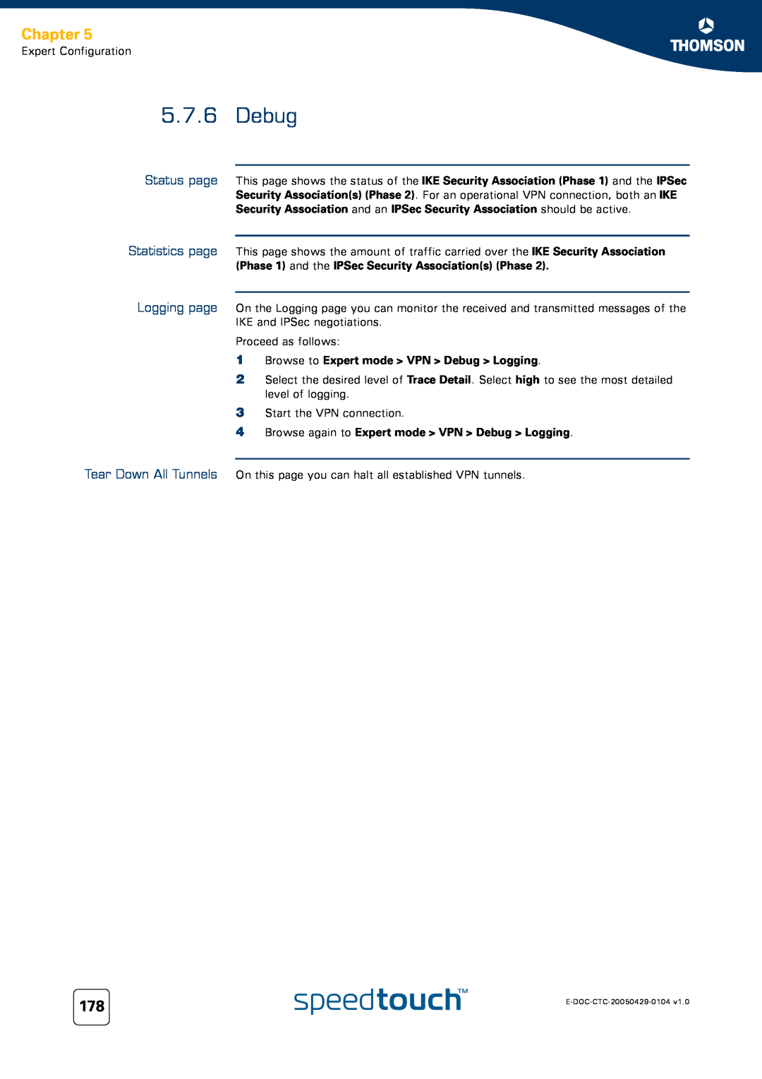 Technicolor - Thomson 620, 605, 608 WL manual Chapter, Browse to Expert mode VPN Debug Logging 