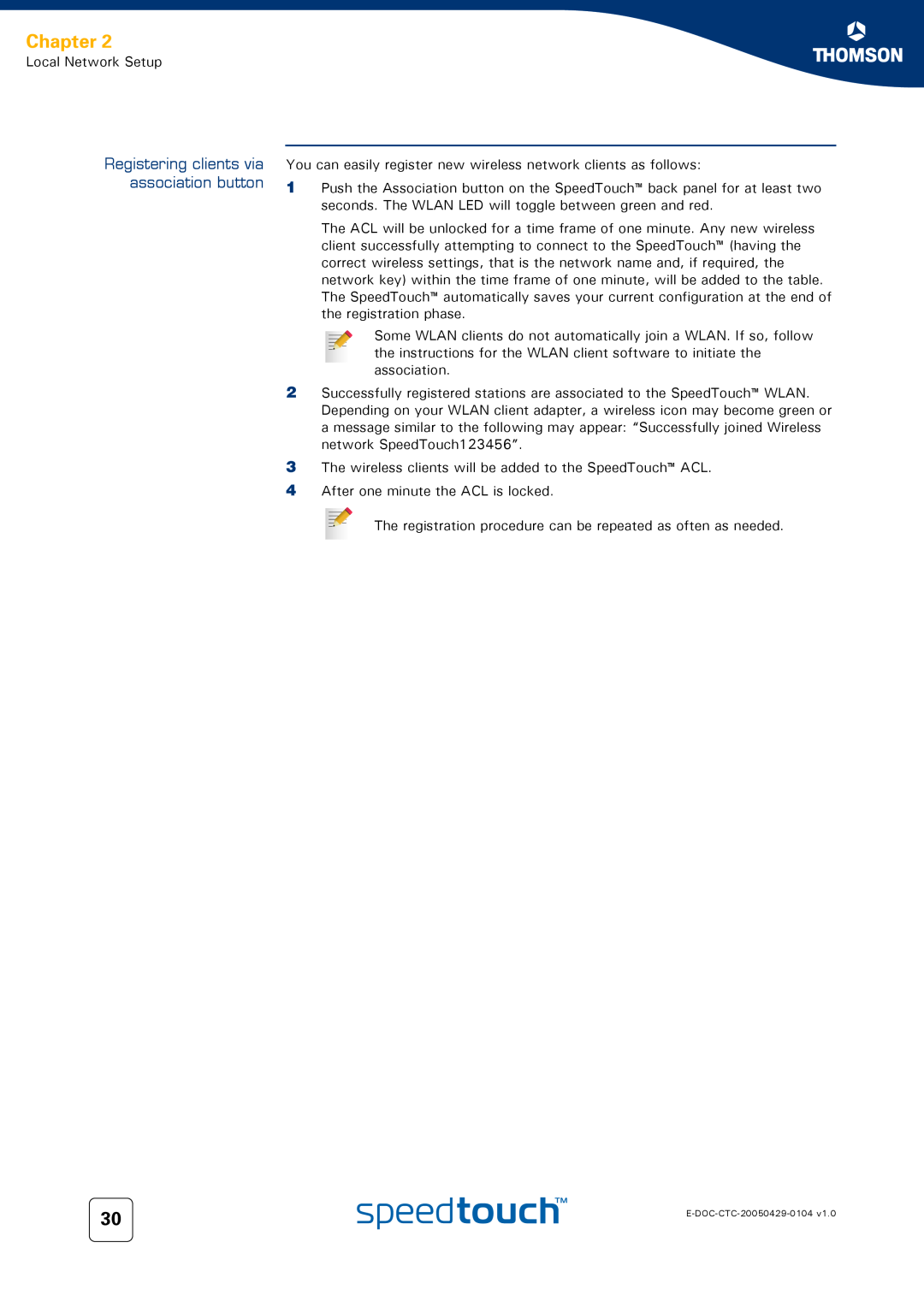 Technicolor - Thomson 620, 605, 608 WL manual Registering clients via association button, Chapter 