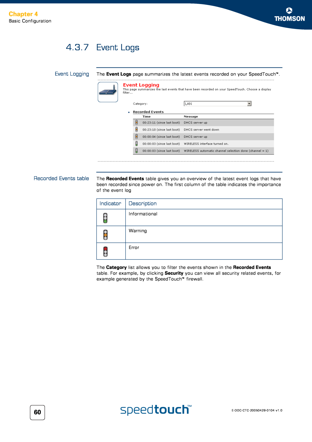 Technicolor - Thomson 608 WL, 620, 605 manual Event Logs, Indicator Description, Chapter 