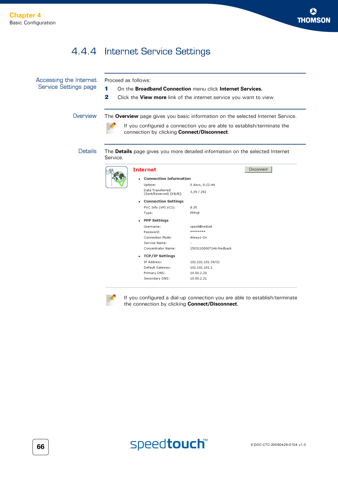 Technicolor - Thomson 620, 605 4.4.4, Internet Service Settings, Accessing the Internet, Service Settings page, Chapter 