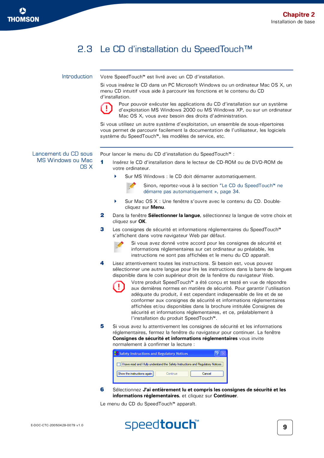 Technicolor - Thomson 716V5 (WL) Le CD d’installation du SpeedTouch, Introduction Lancement du CD sous MS Windows ou Mac 
