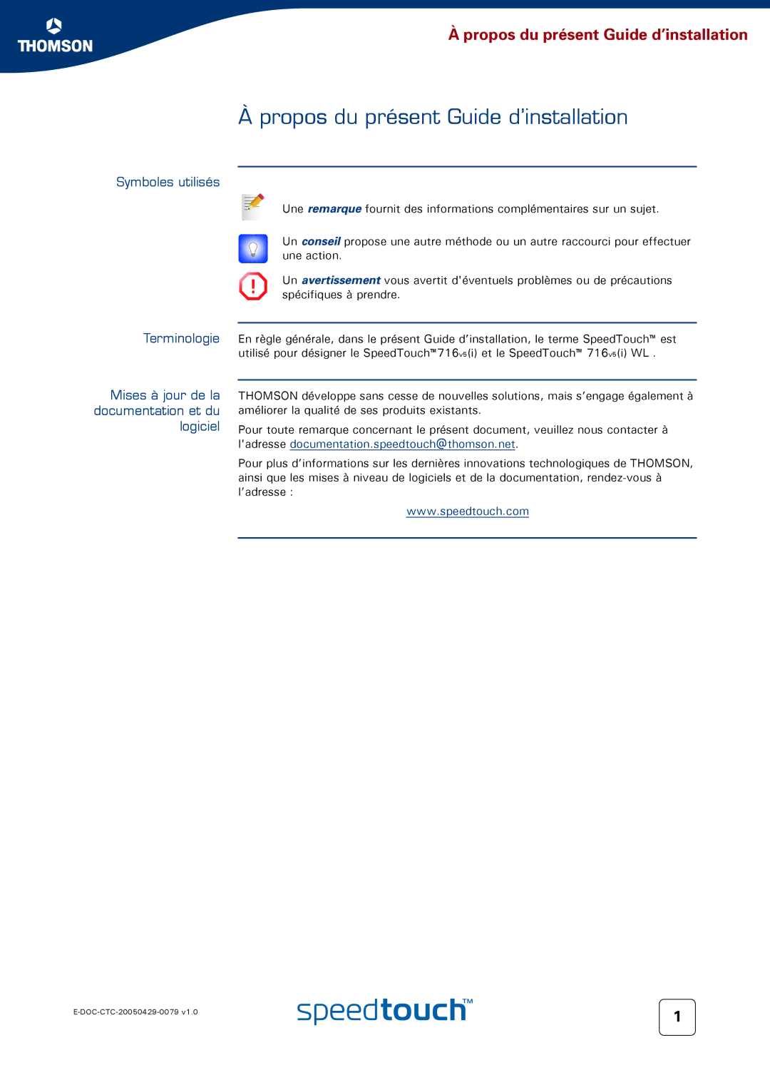 Technicolor - Thomson 716V5 (WL) manual Propos du présent Guide d’installation, Symboles utilisés 