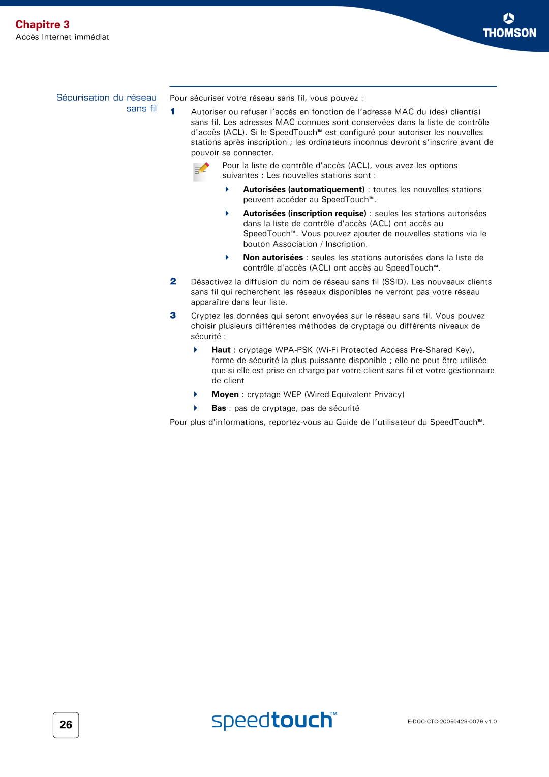 Technicolor - Thomson 716V5 (WL) manual Sécurisation du réseau sans fil, Chapitre 