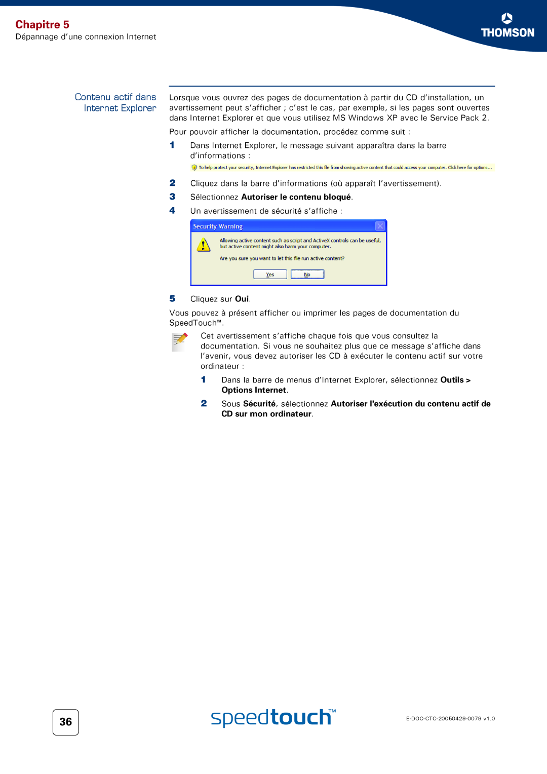 Technicolor - Thomson 716V5 (WL) manual Contenu actif dans Internet Explorer, Chapitre 