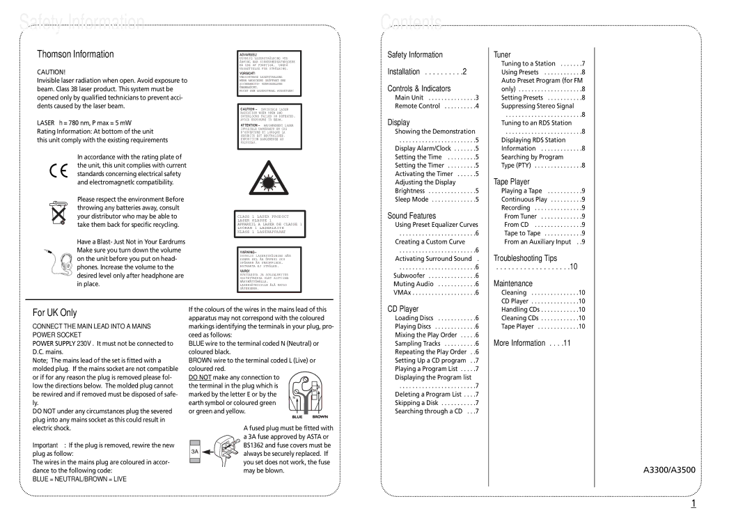 Technicolor - Thomson A3300 manual Safety Information Contents 