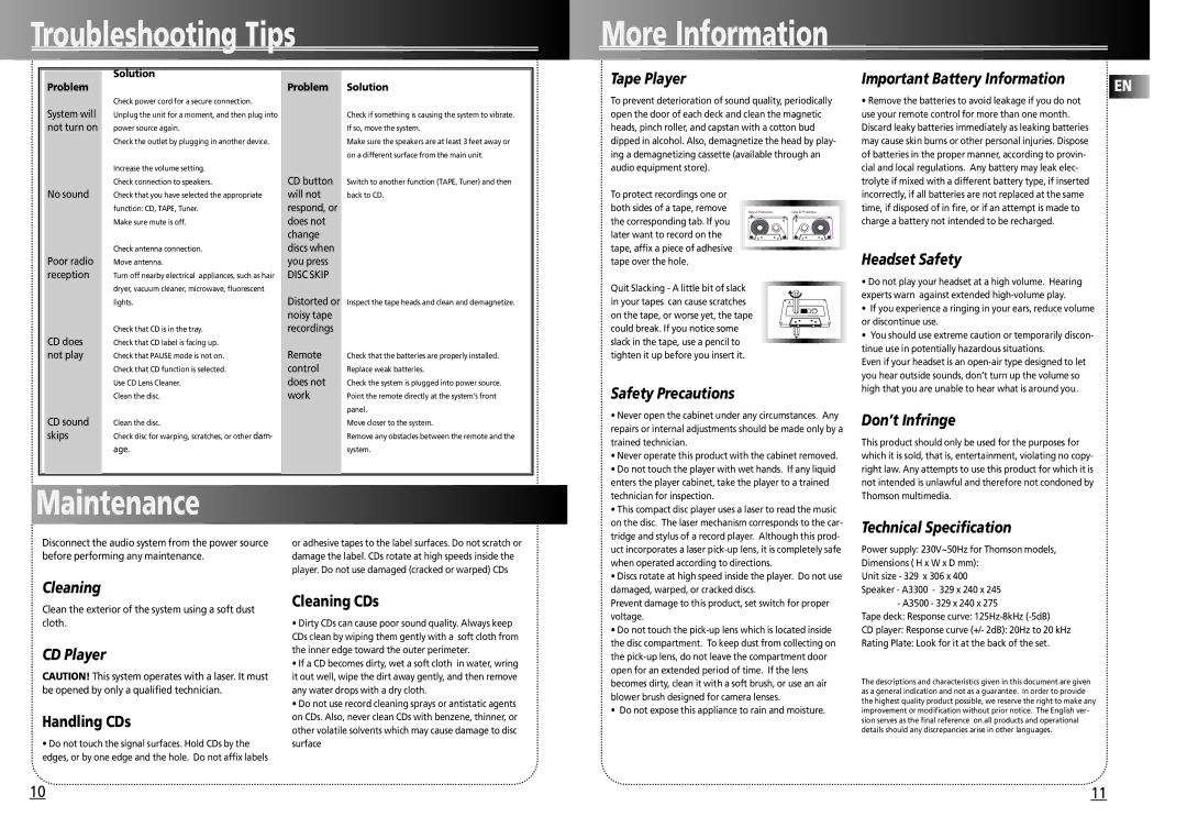 Technicolor - Thomson A3300 manual Troubleshooting Tips More Information, Maintenance 