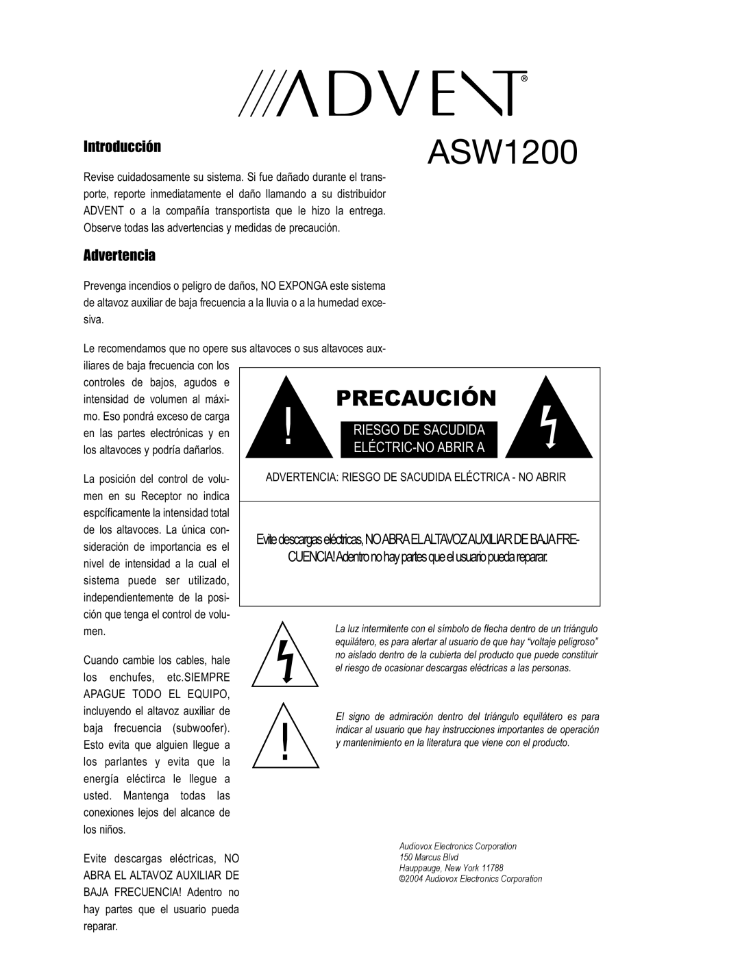 Technicolor - Thomson Advent Precaución, Introducción, Advertencia, ASW1200, Riesgo De Sacudida, Eléctric-Noabrir A 