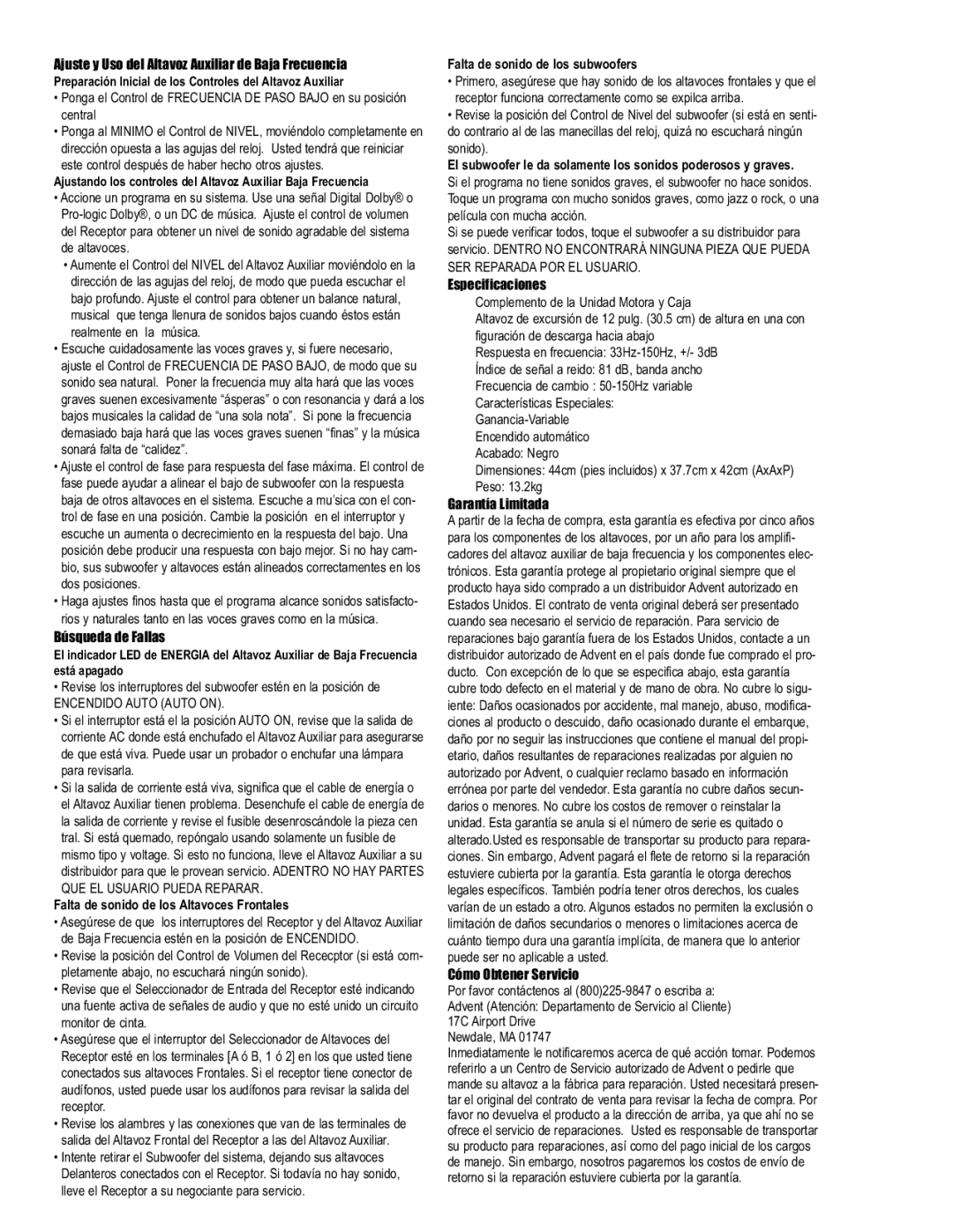 Technicolor - Thomson Advent Ajuste y Uso del Altavoz Auxiliar de Baja Frecuencia, Búsqueda de Fallas, Especificaciones 