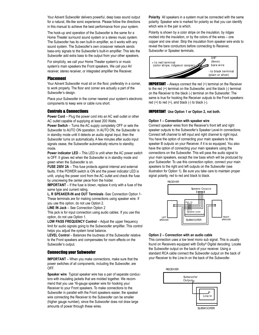 Technicolor - Thomson Advent warranty Placement, Controls & Connections, Connecting your Subwoofer 