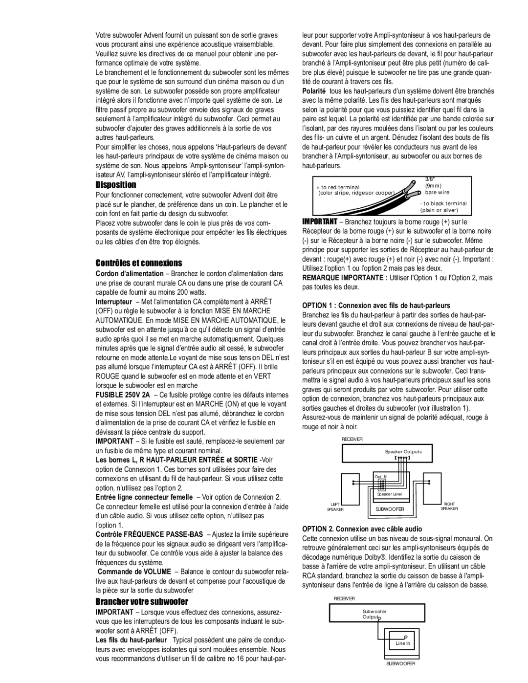 Technicolor - Thomson Advent warranty Disposition, Contrôles et connexions, Brancher votre subwoofer 