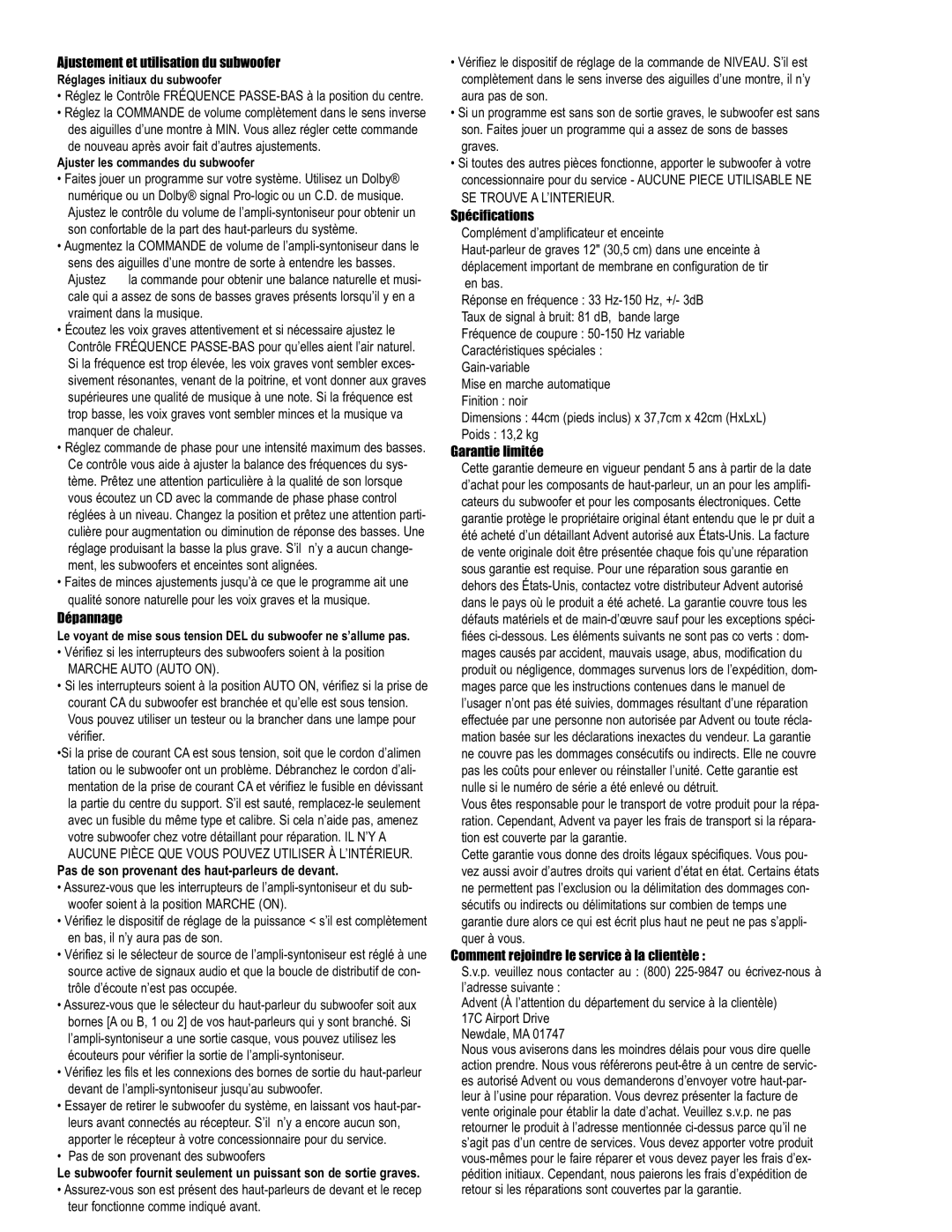 Technicolor - Thomson Advent warranty Ajustement et utilisation du subwoofer, Dépannage, Spécifications, Garantie limitée 