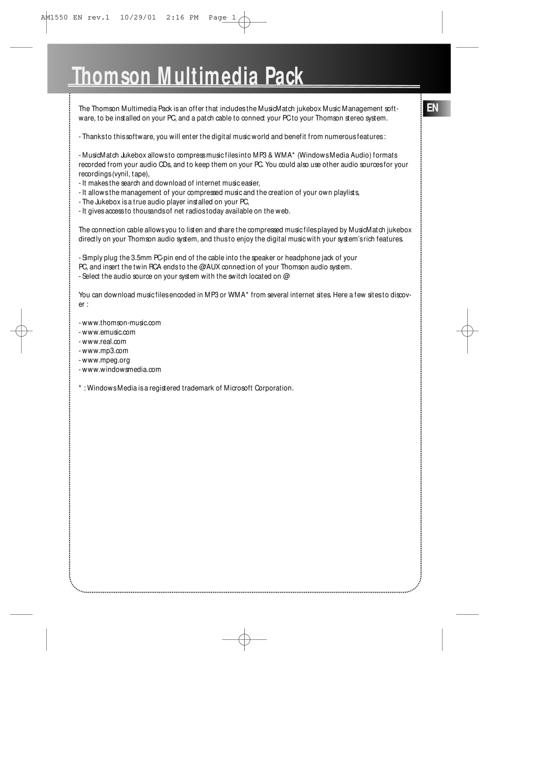 Technicolor - Thomson manual ThomsonMultimediaPack, AM1550 EN rev.1 10/29/01 2 16 PM Page 