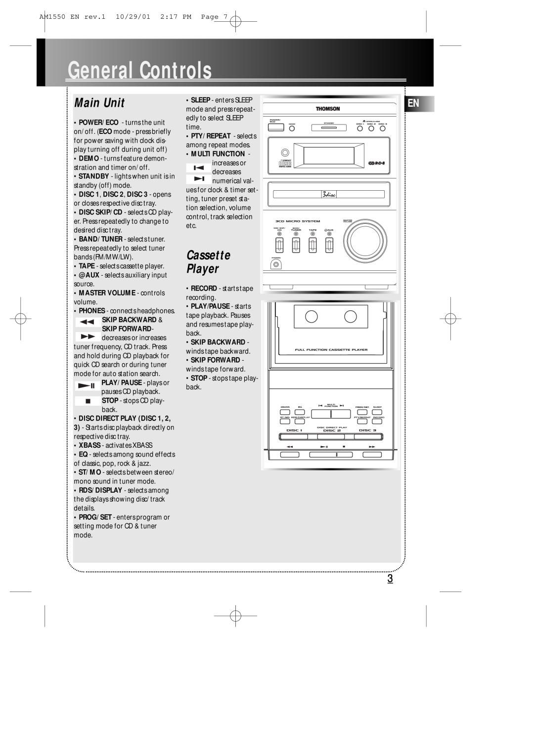 Technicolor - Thomson AM1550 manual GeneralControls, Main Unit, Cassette Player 