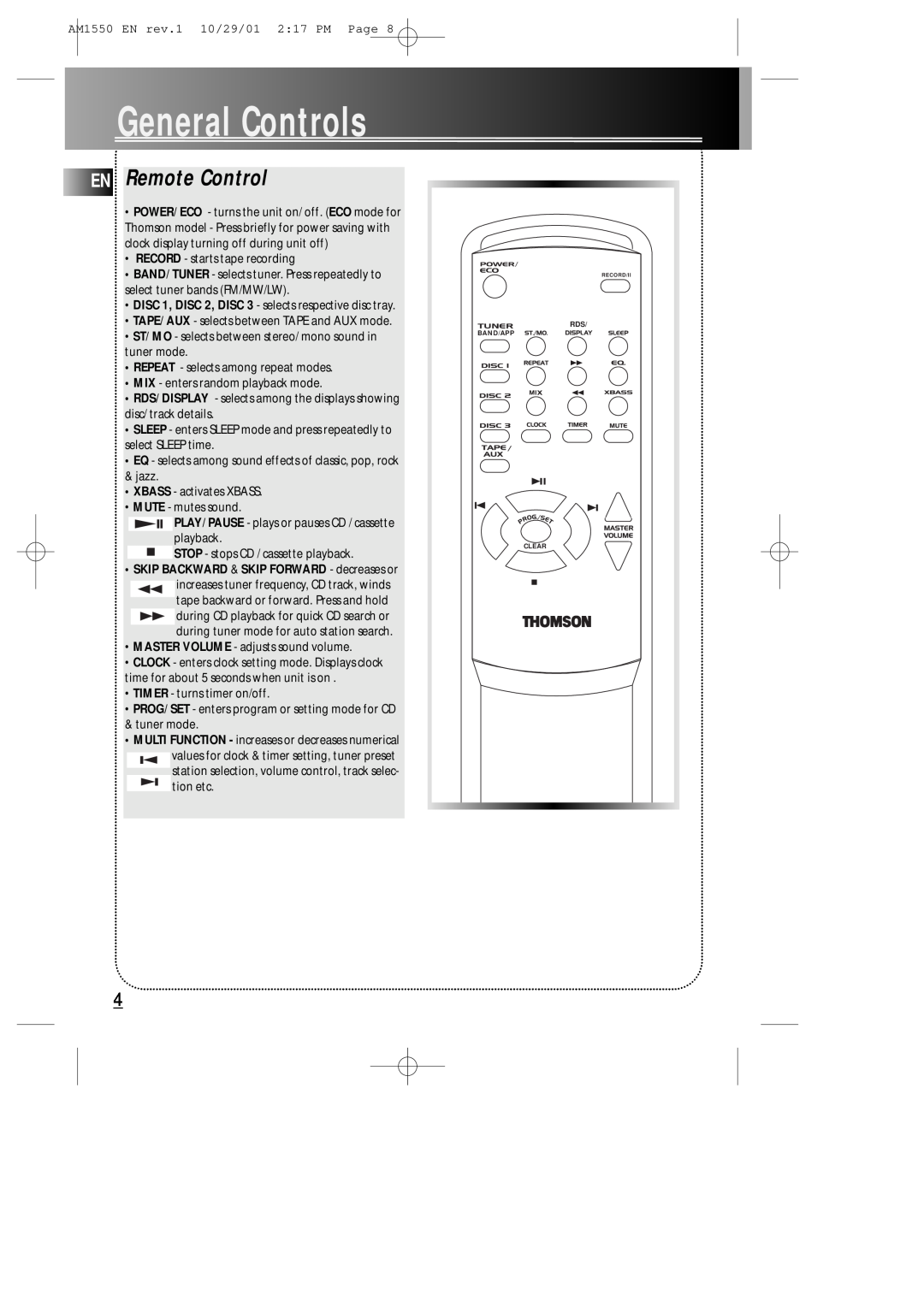 Technicolor - Thomson AM1550 manual ENRemote Control, GeneralControls 