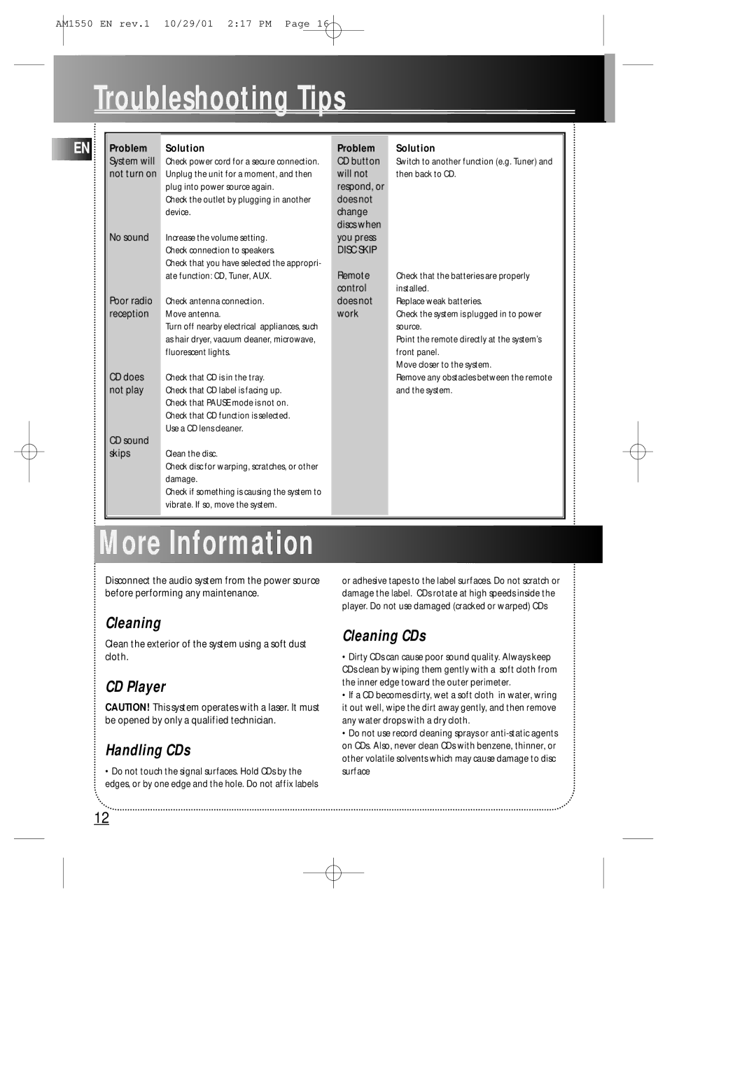 Technicolor - Thomson AM1550 manual Troubleshooting Tips, More Information, CD Player Handling CDs, Cleaning CDs 