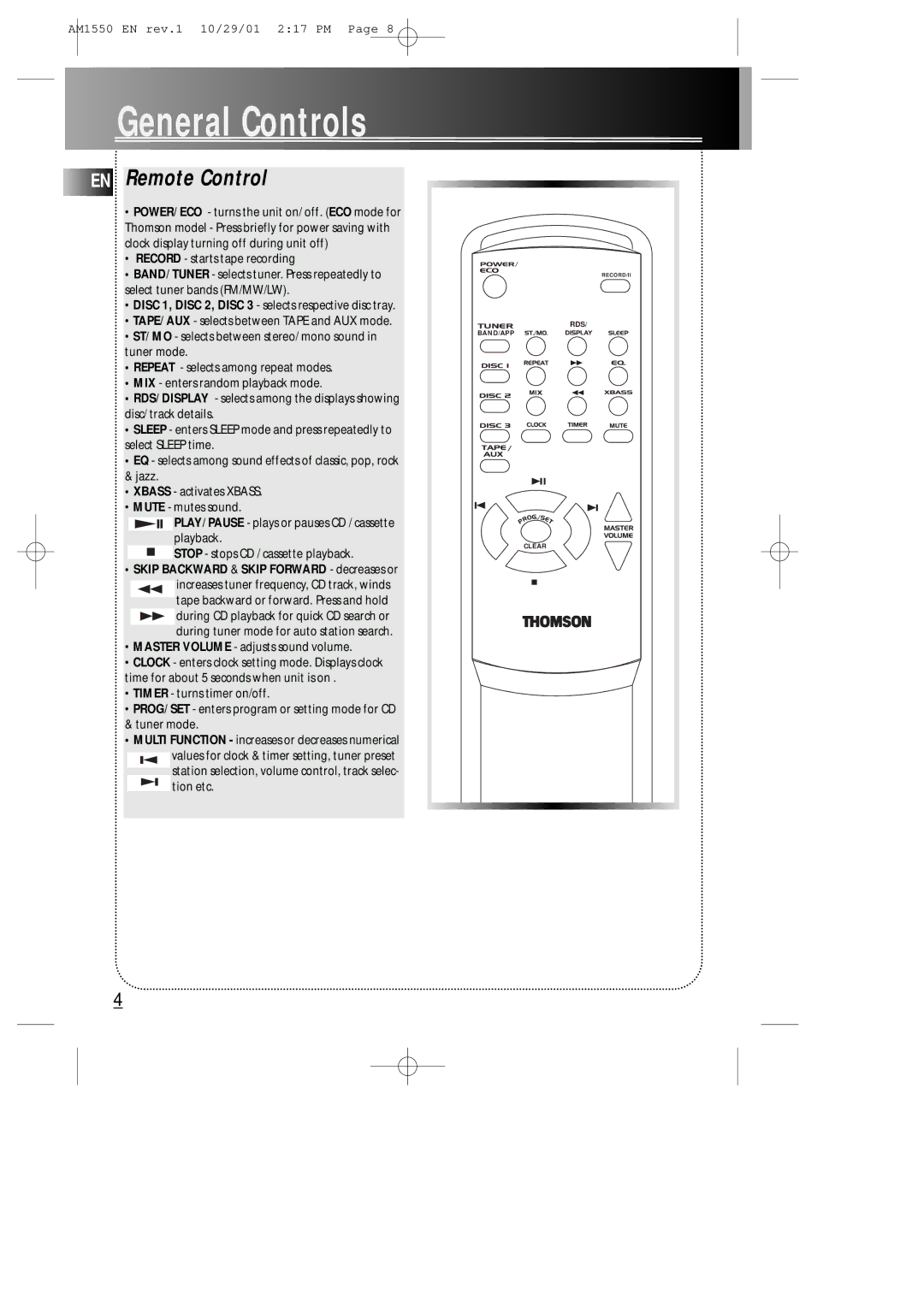 Technicolor - Thomson AM1550 manual Master Volume adjusts sound volume, Tion etc 