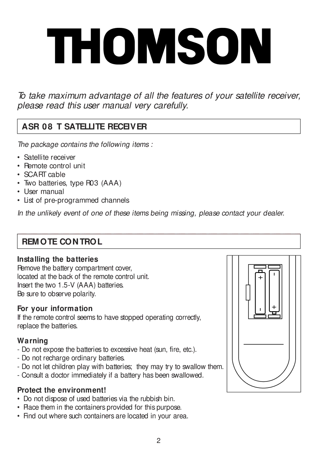 Technicolor - Thomson ASR08T user manual Installing the batteries, For your information, Protect the environment 