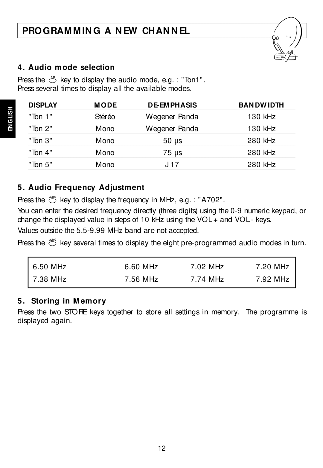 Technicolor - Thomson ASR08T user manual Audio mode selection, Audio Frequency Adjustment, Storing in Memory 