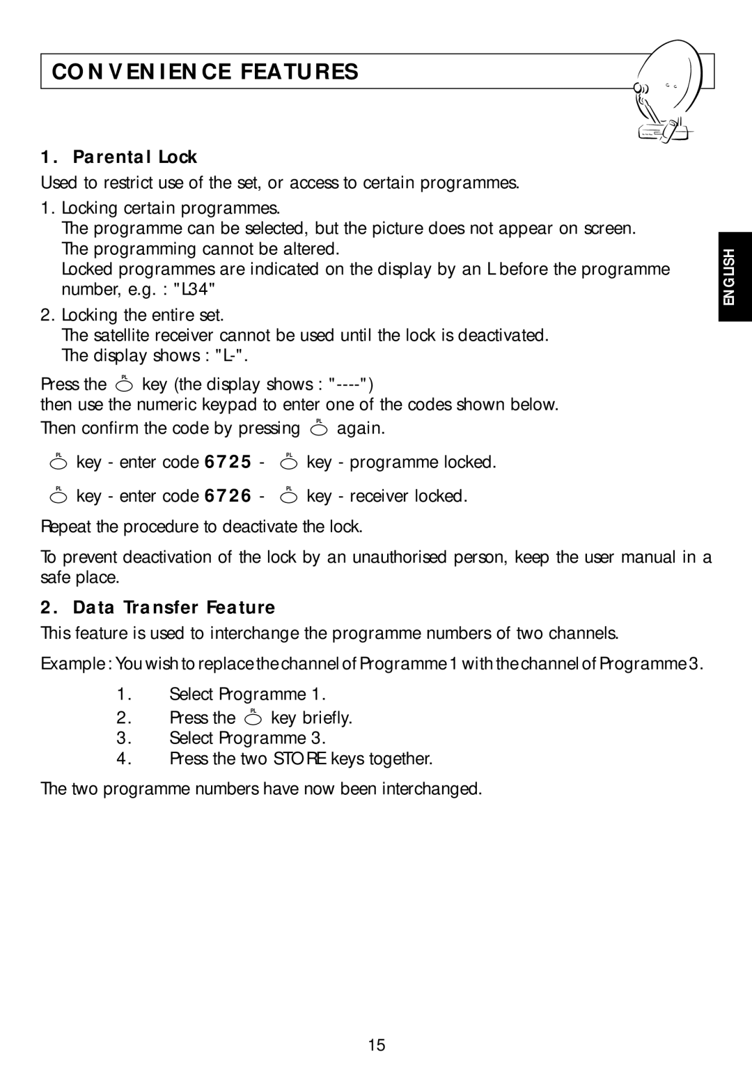 Technicolor - Thomson ASR08T user manual Convenience Features, Parental Lock, Data Transfer Feature 