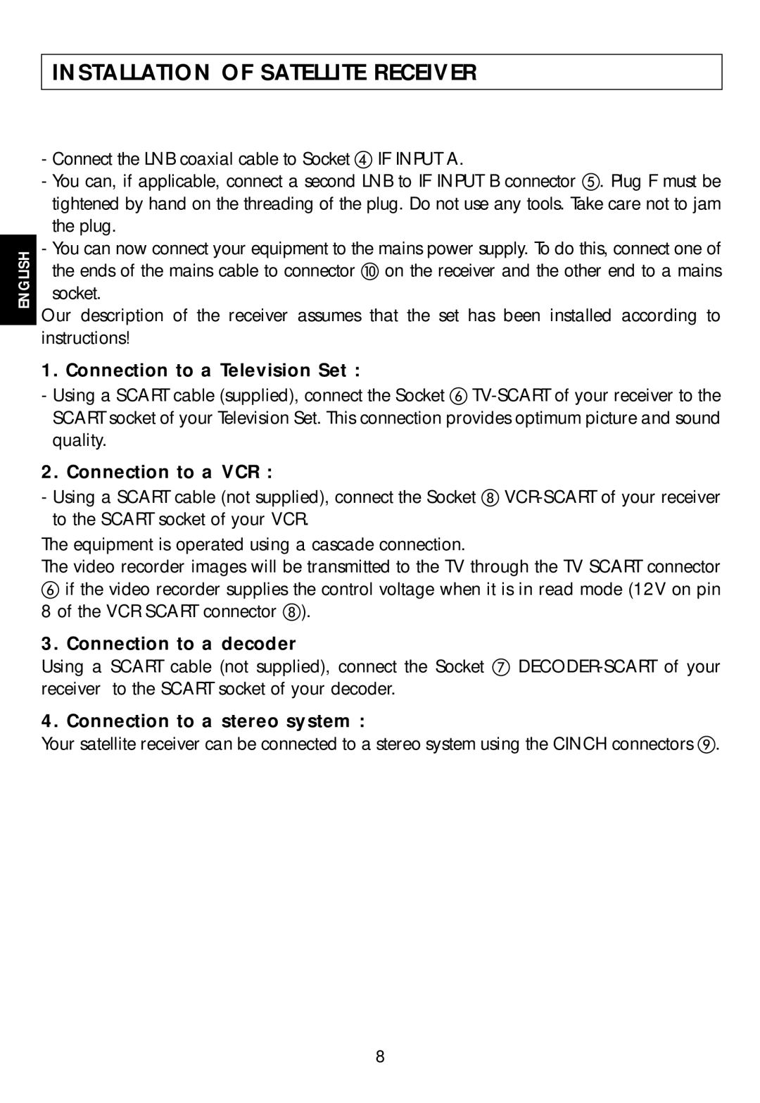 Technicolor - Thomson ASR08T user manual Connection to a Television Set, Connection to a VCR, Connection to a decoder 